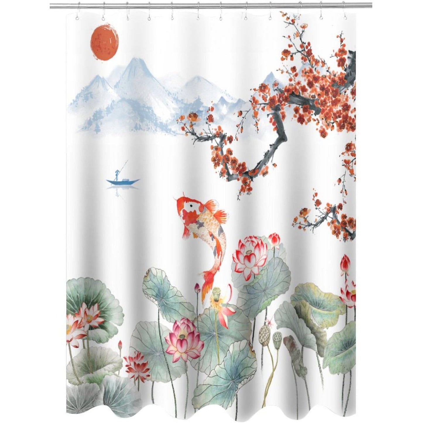 DDCBNS Japanese Koi Fish Shower Curtain,Spring Nature Landscape Cherry Blossoms Floral Print Shower Curtain for Bathroom Decor Asia Oriental Theme Fabric Waterproof Upholstery Hook 66x72inch