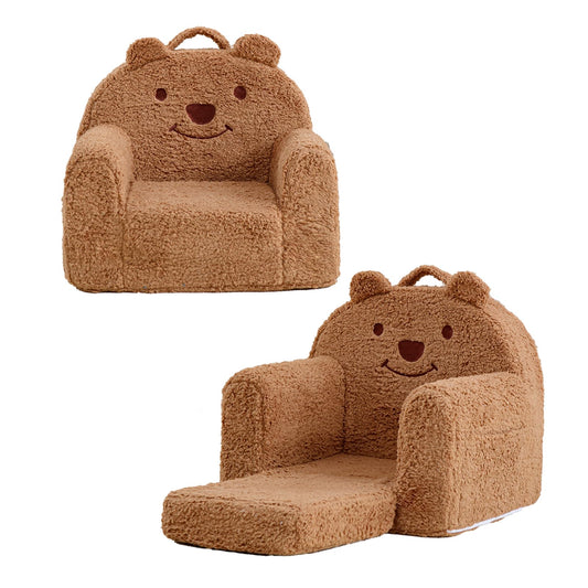 Kisdsa Toddler Chair,Sherpa Bear Toddler Couch Fold Out,Children Reading Chair,Flip Out Kids Couch,Kids Sofa Convertible for Gift (Brown Bear)