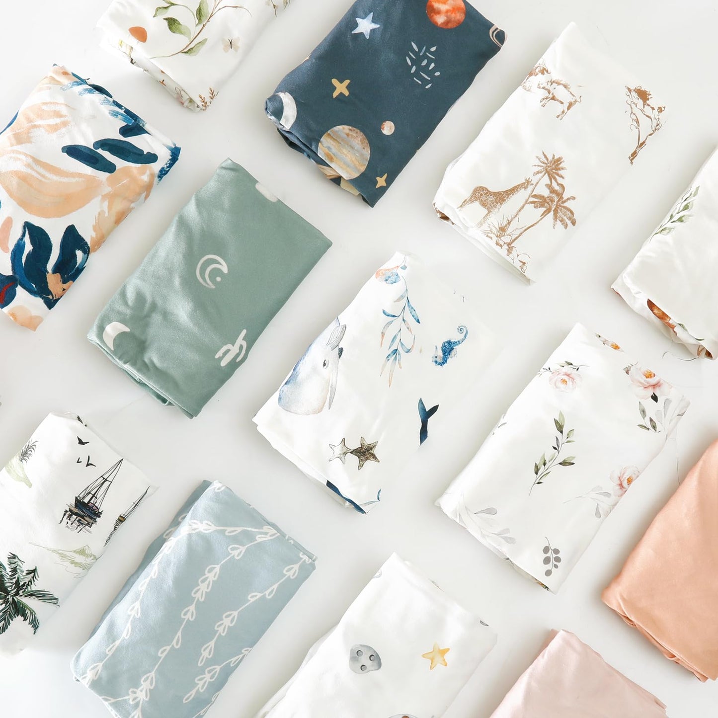 GRSSDER Stretchy Ultra Soft Jersey Knit Pack and Play Sheets 2 Pack, Portable/Mini Crib Sheets Universal Fitted for Playpen Mattress Safe and Snug, Cute Sea Fish & Space Print