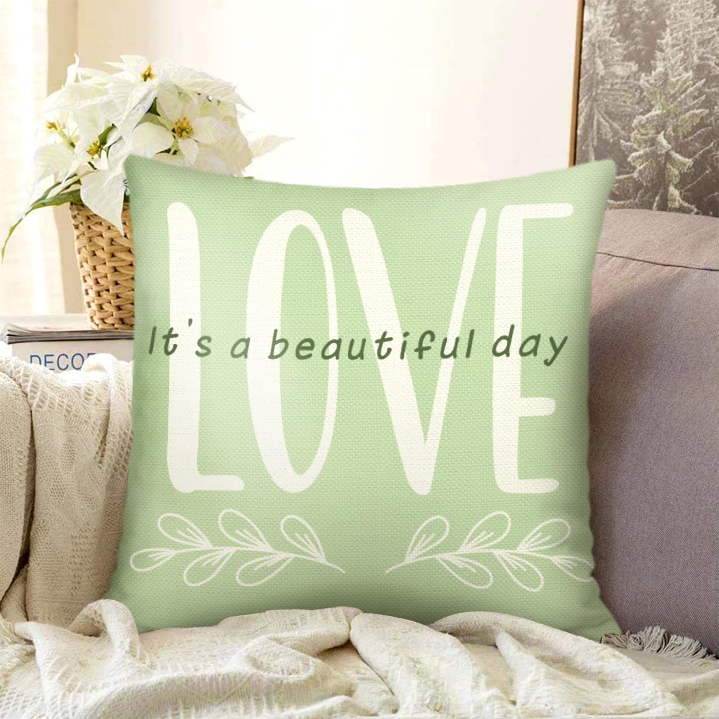 Joymaison Green Farmhouse Throw Pillow Covers 18x18 Inch Set of 4 Green Plants Leaves Cushion Covers Home Decor for Couch Cushion Cases