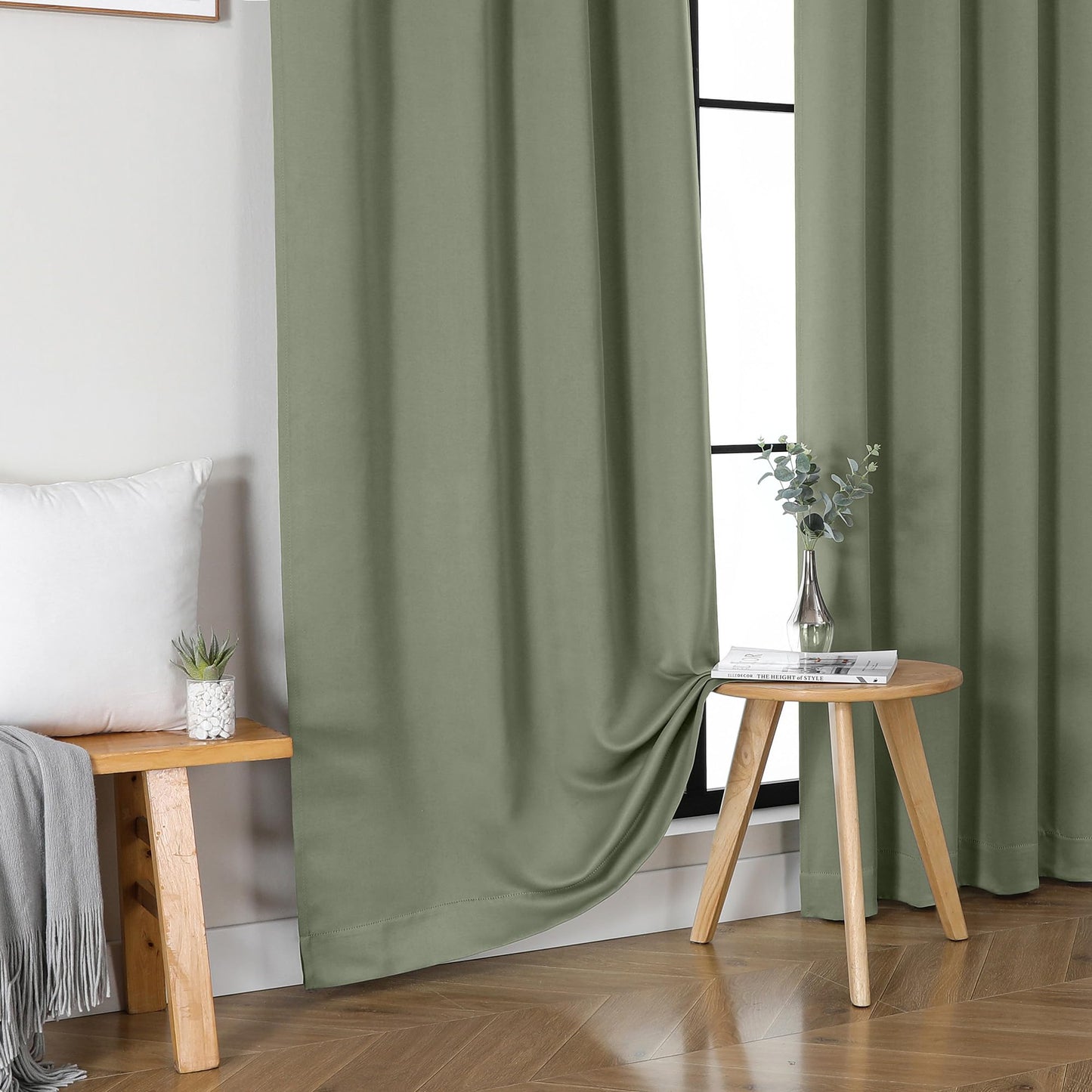OWENIE Sally Sage Green Short Blackout Curtains for Bedroom Living Room 45 Inch Length 2 Panels Set, Solid Thermal Insulated Energy Saving Window Treatment Curtains Drapes, W40 x L45, Sage Green