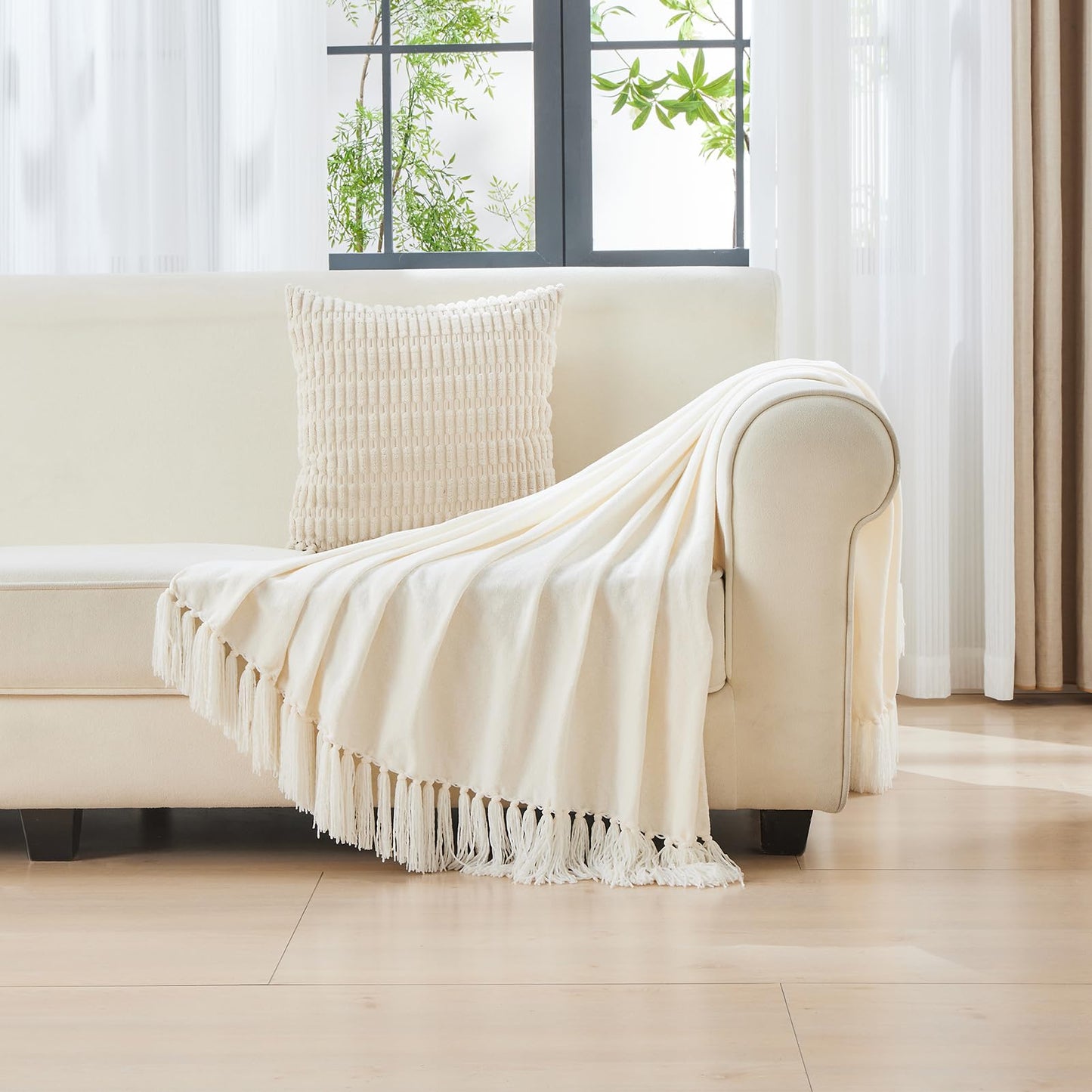 CozeCube Chenille Throw Blanket for Couch, Cozy Plush Fuzzy Decorative Cream White Blanket with Fringe Tassels, Lightweight Throws for Bed Sofa Gift Home Decor, 50"X60"