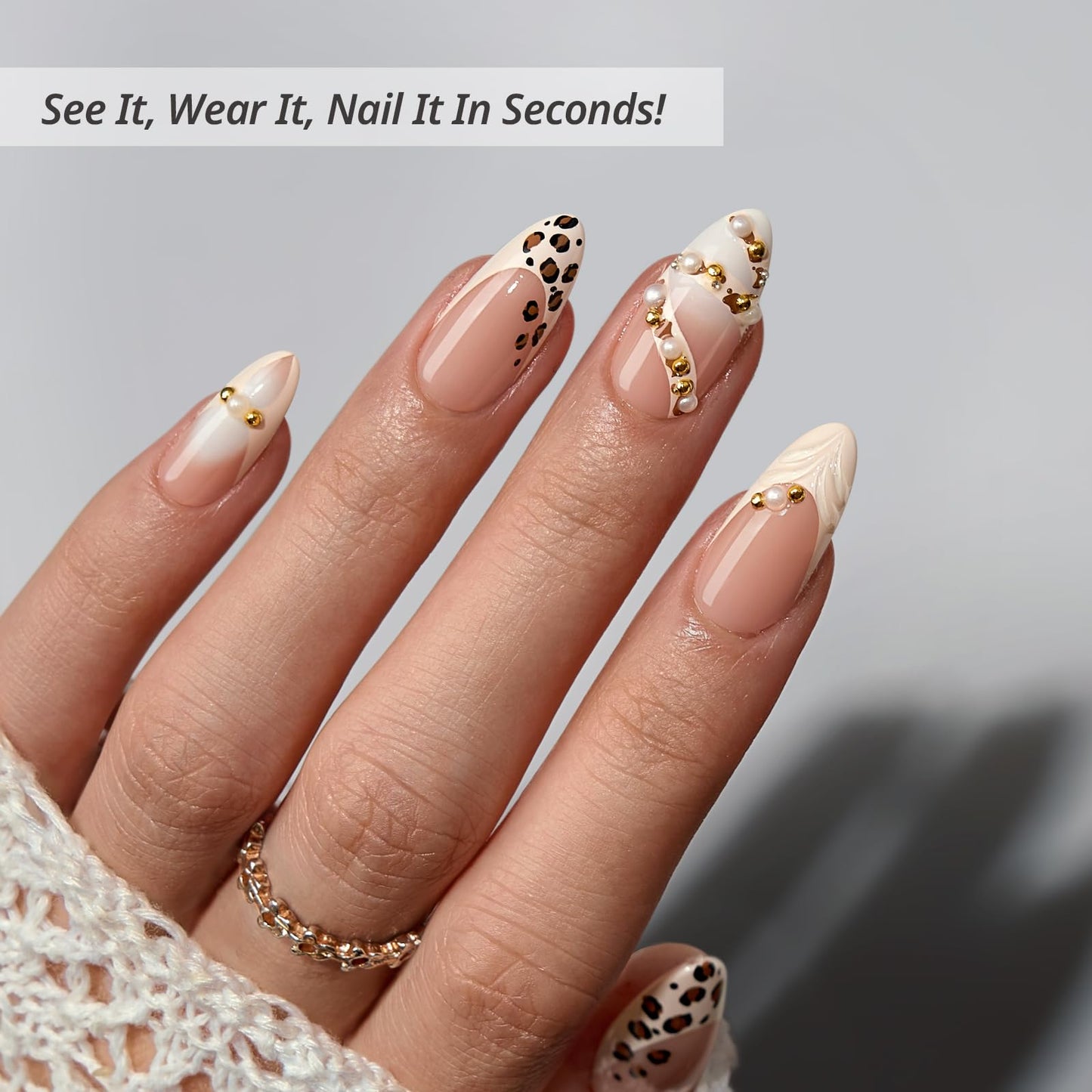 BTArtbox Press On Nails Almond - 3D Pearl Leopard Medium French Tip Press On Nails with Glue for Women, Opaque Soft Gel Glue On Nails in 16 Sizes - 32 Stick On Nails Kit, Cheeky Duo