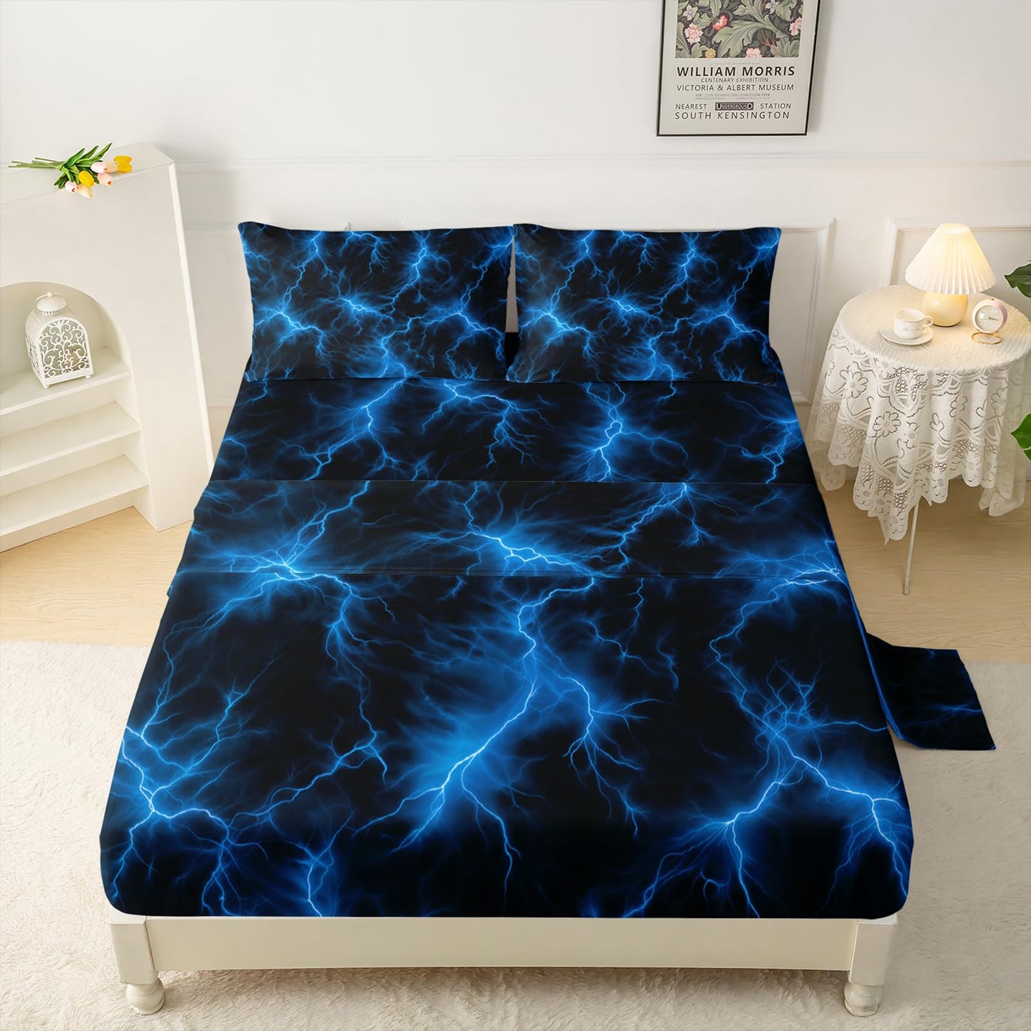 QOOMO Glowing Pattern Kids Sheet Set, Soft Microfiber Neon Light Sheets for Children Teens, Twin Blue Bed Set with Deep Pocket, 1 Fitted Sheet, 1 Flat Sheet, 2 Pillow Cases