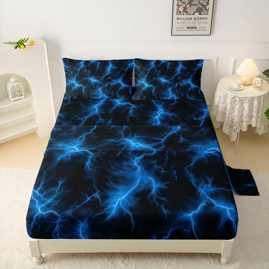 QOOMO Glowing Pattern Kids Sheet Set, Soft Microfiber Neon Light Sheets for Children Teens, Twin Blue Bed Set with Deep Pocket, 1 Fitted Sheet, 1 Flat Sheet, 2 Pillow Cases