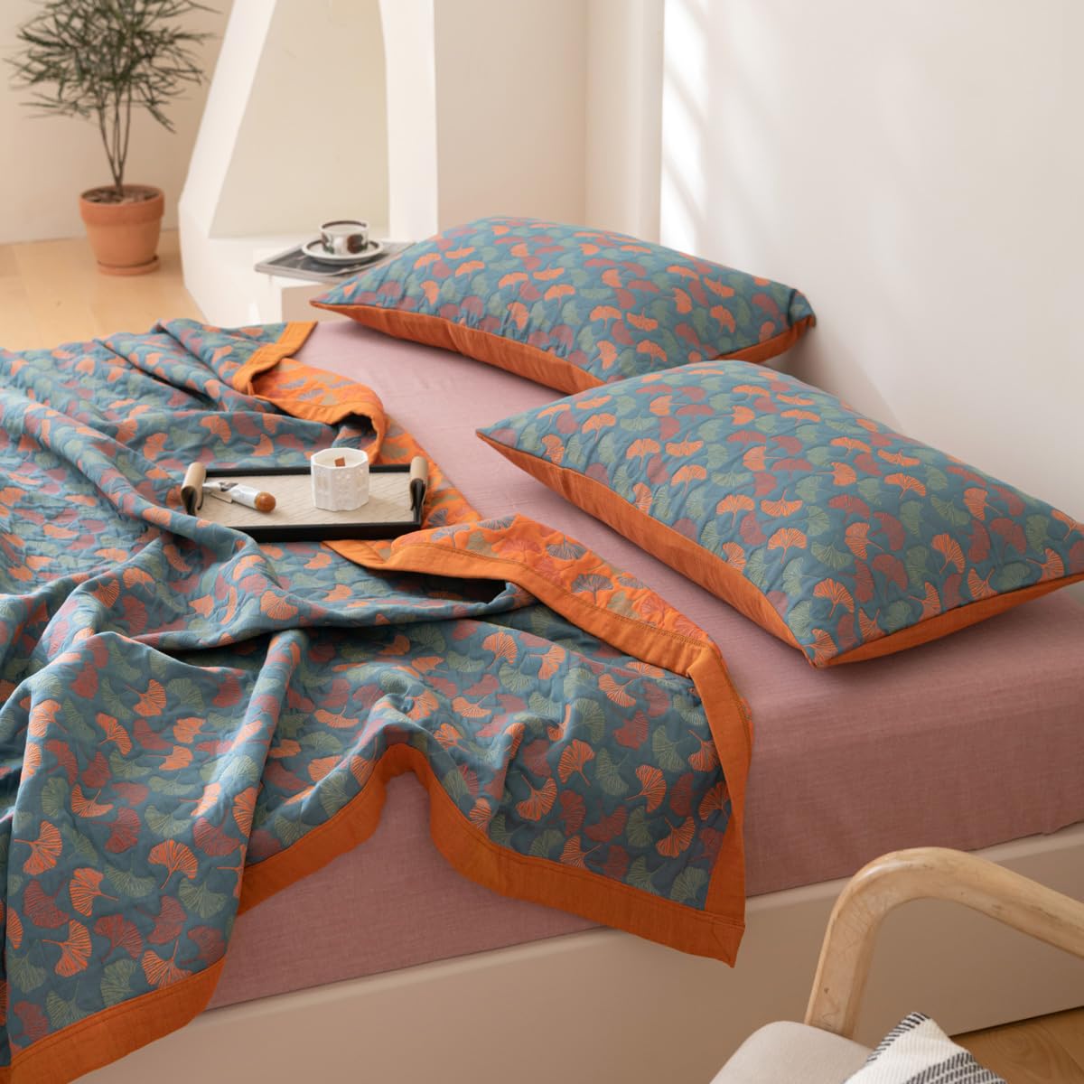Purefair 100% Cotton Muslin Blanket Jacquard Floral Ginkgo Leaves Quilt, Soft Bed Cover 3 Layers Reversible Bedspread Coverlet Breathable Lightweight Bedding Full/Queen(78"x94"), No Pillow Sham