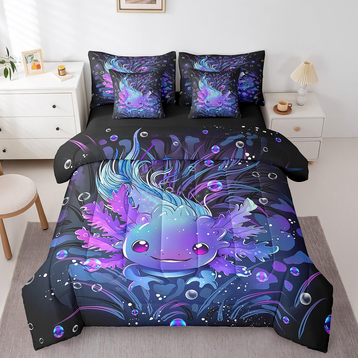 Feelyou Cute Axolotl Bed Set Boys Girls Queen Size Salamander 7 Pieces Bedding Set, for Women Men Ultra Soft Reptile Animal Bed in a Bag with Comforter, Sheets, Pillowcases Ocean Sealife Room Decor