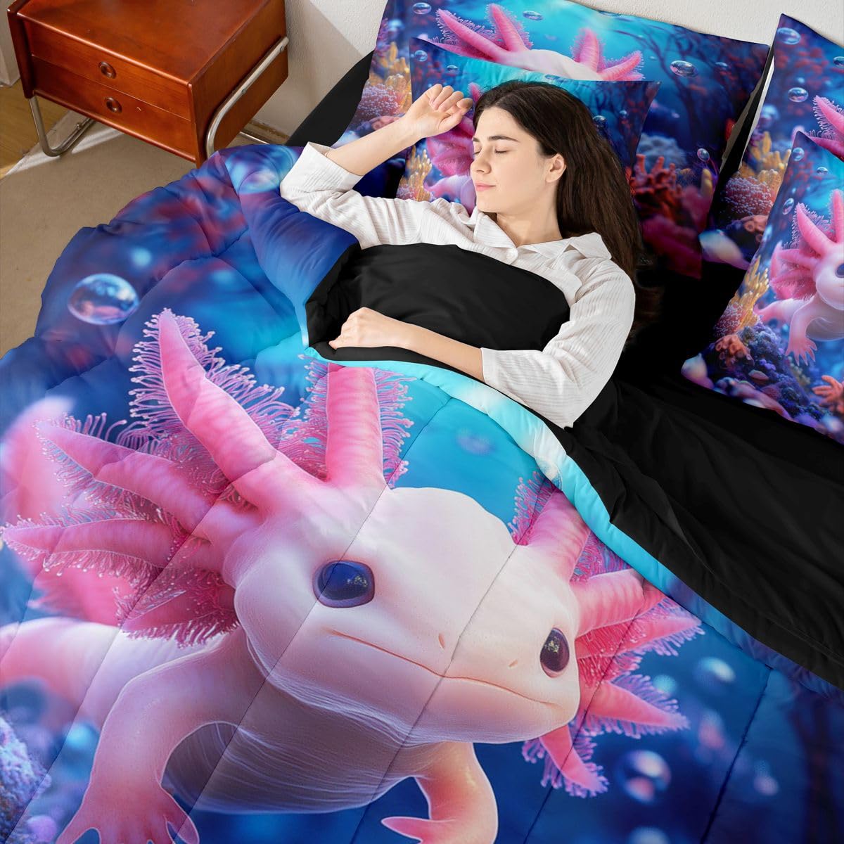 Erosebridal Kids Axolotl Queen Bedding Set for Boys Girls Underwater Axolotl Comforter Set with Flat and Fitted Sheet Coral Reef Seabed World 7-Piece Bed in a Bag 3D Reality Reptile Animal Quilt Sets