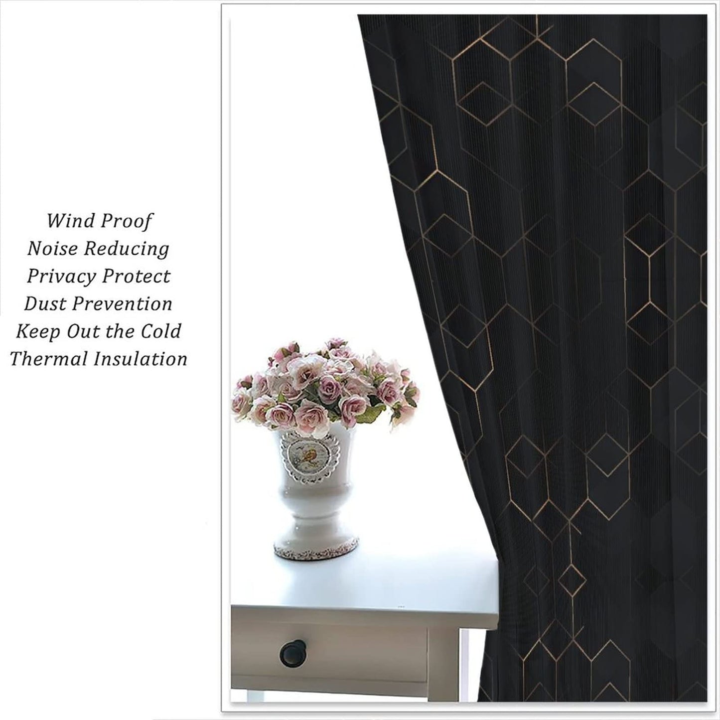 Luxury Abstract Blackout Curtains,Black Golden Light Lines Geometric Texture Illustration Blackout Window Door Curtains for Living Room Bedroom Decor W42xL45in