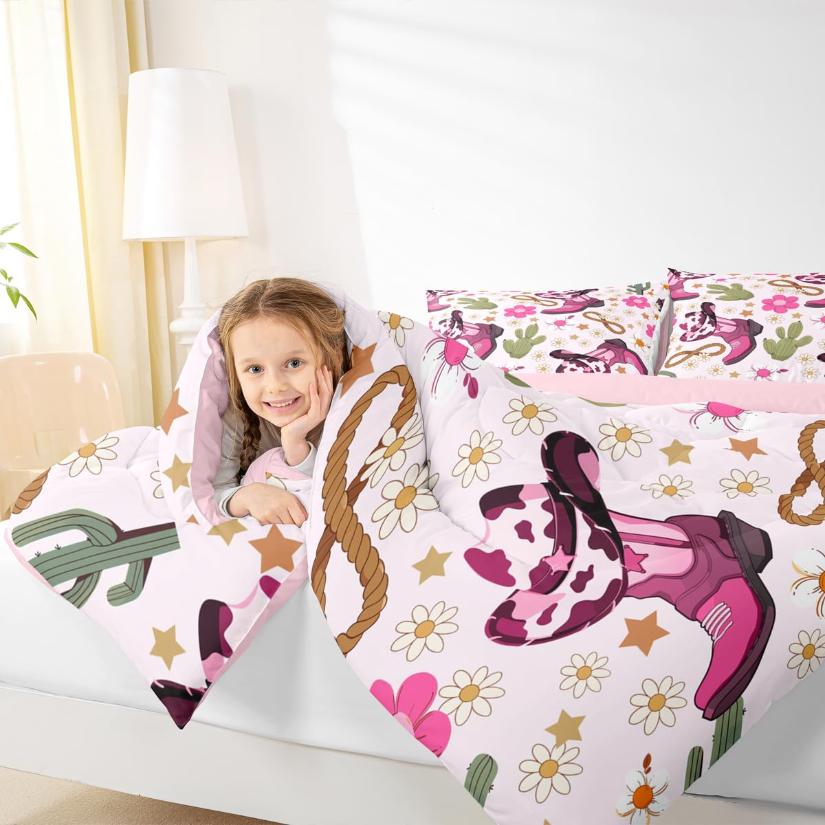 Feelyou Western Kids Comforter Set Full Size Cowgirl Floral Bedding Set Western Cowboy Boots Duvet Quilt for Kids Boys Girls Bedroom Wild West Cactus Flower Decor Light Pink Ultra Soft Breathable