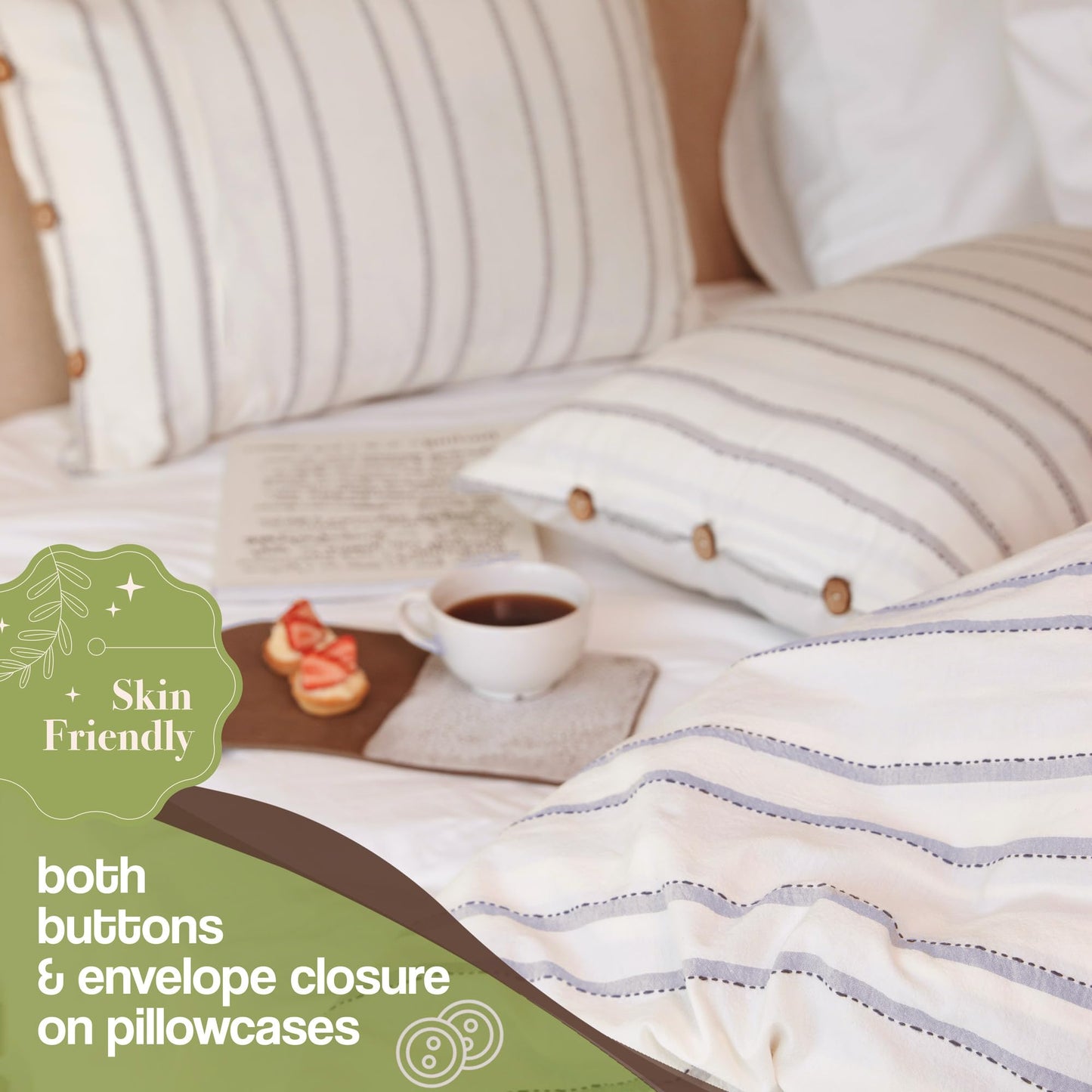 Lavien Home, 100% Cotton Duvet Cover Set, Striped with Stitch Pattern Queen Size, 3-Piece Linen Like and Washed Natural Turkish Cotton Bedding, Antique White (Hiera, Queen 90”x90”)