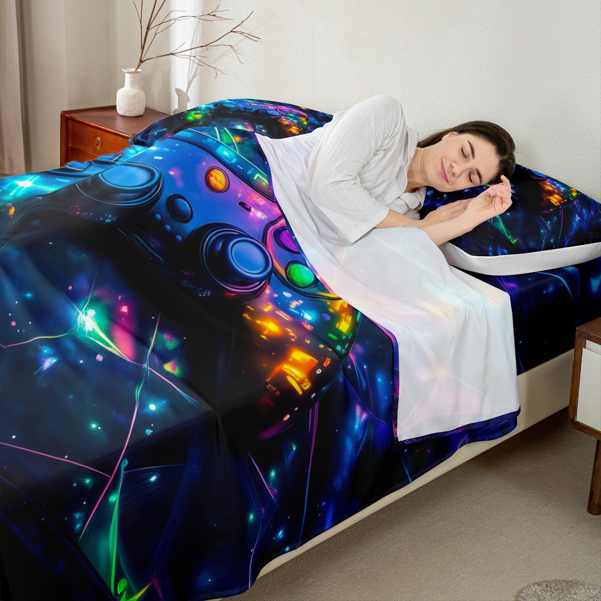 Feelyou Kids Gamer Bed Sheets Set Full Size, Galaxy Gaming Sheet Set Glitter Game Comforter Cover Boys Girls Gamepad Teens Bedspread Cover Bedroom Decor with 2 Pillow Case