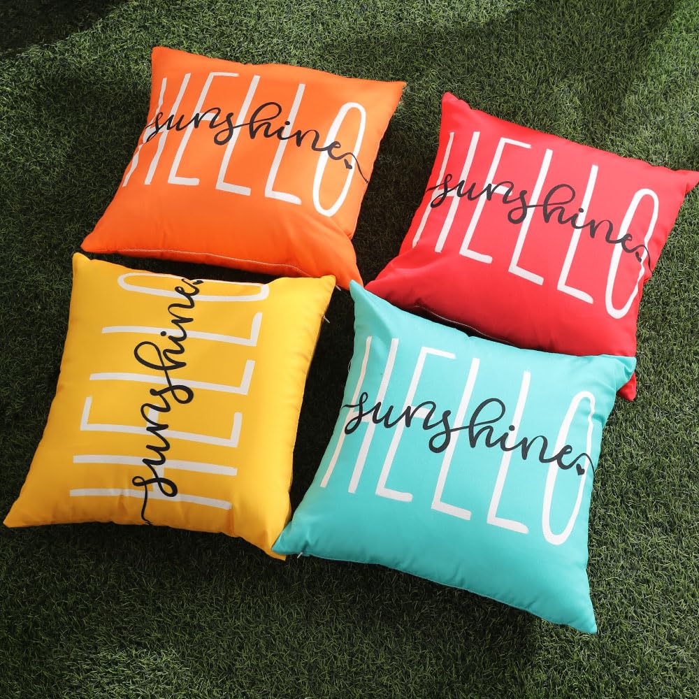 DFXSZ Outdoor Pillow Covers 18x18 Inch Set of 2 Hello Sunshine Decor Orange Waterproof Throw Pillow Covers Fall Outdoor Waterproof Pillow Covers Decor for Patio Funiture Garden Sofa Couch 020C18