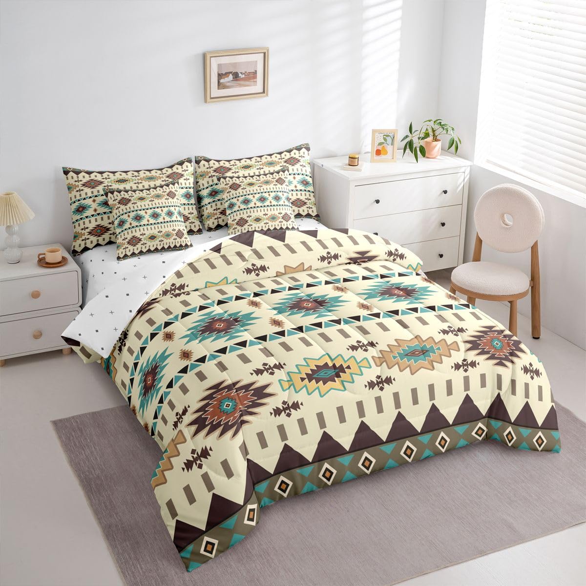Erosebridal Aztec 7 Piece Bedding Set Queen Mysterious Comforter Set with Sheets Geometric Boho Rustic Farmhouse Bed in a Bag Native American Yellow for Teens Men Women