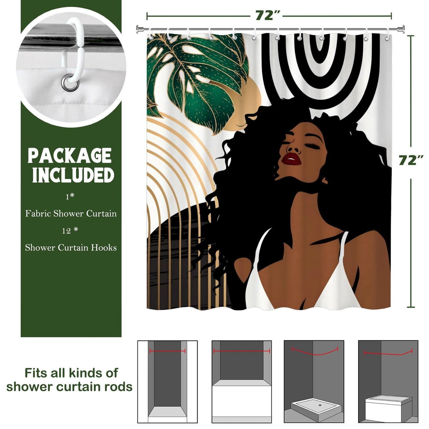 TSLOVER African American Decorative Shower Curtains,Sexy Black Woman Girl Bathroom Curtain,Modern Abstract Waterproof Polyester Fabric Bath Curtain Decor,72x72 Inches