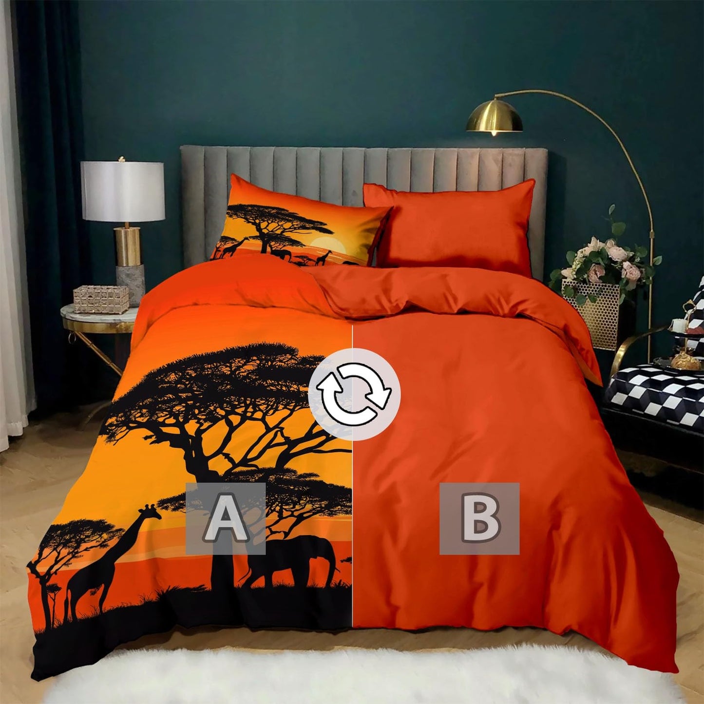 Retro Animals Grassland Sunset Duvet Cover Set Queen (90 x 90 in) Ultra Soft Orange Color Print Bedding Set with 2 Pillowcase, Breathable Comforter Cover for Teens Adults Kids