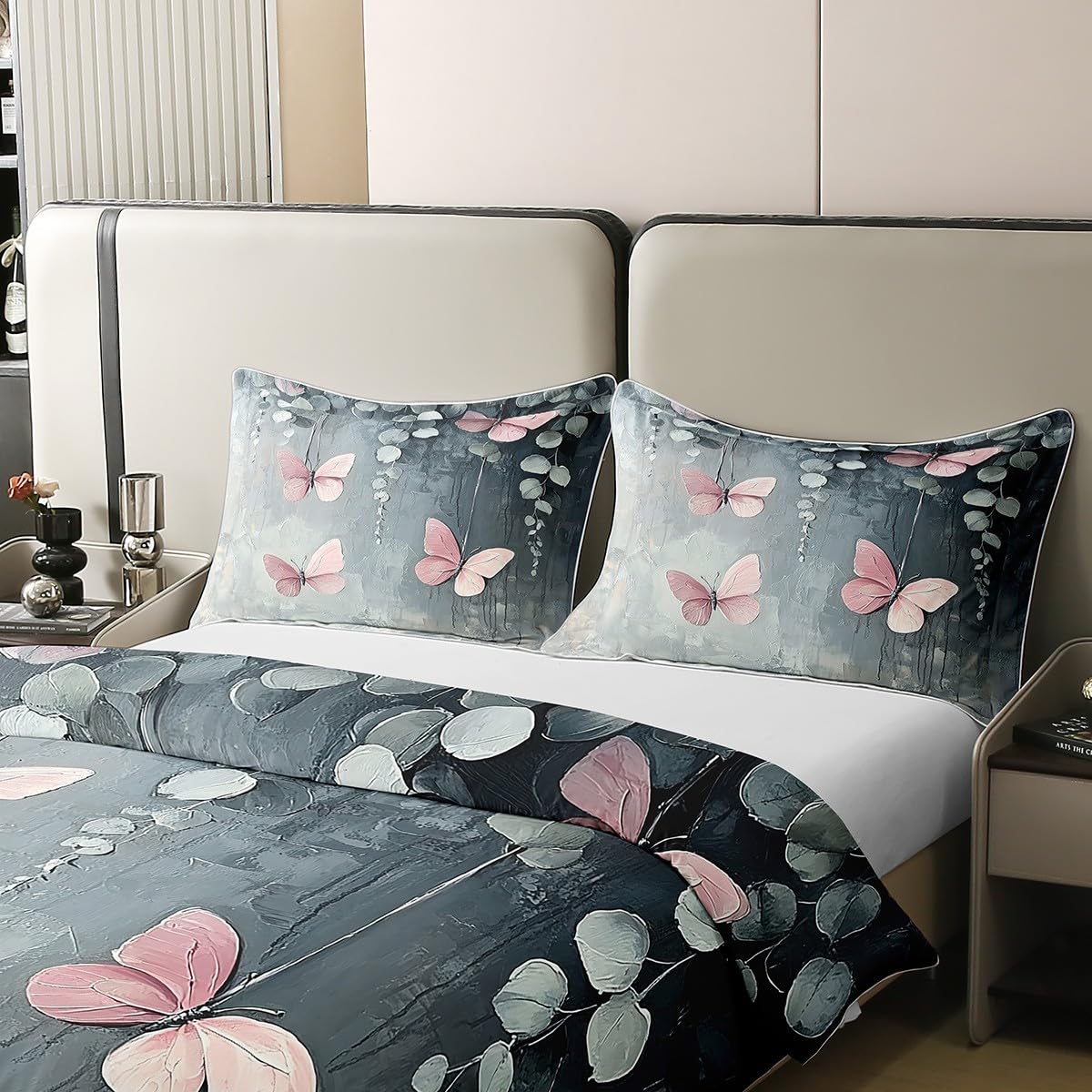 Erosebridal Oil Painting 100% Natural Cotton Bedding Set,Rustic Aesthetics Bed Set,Butterfly Eucalyptus Duvet Cover Twin Size,Wild Animal Plants Quilt Cover with 1 Pillowcase