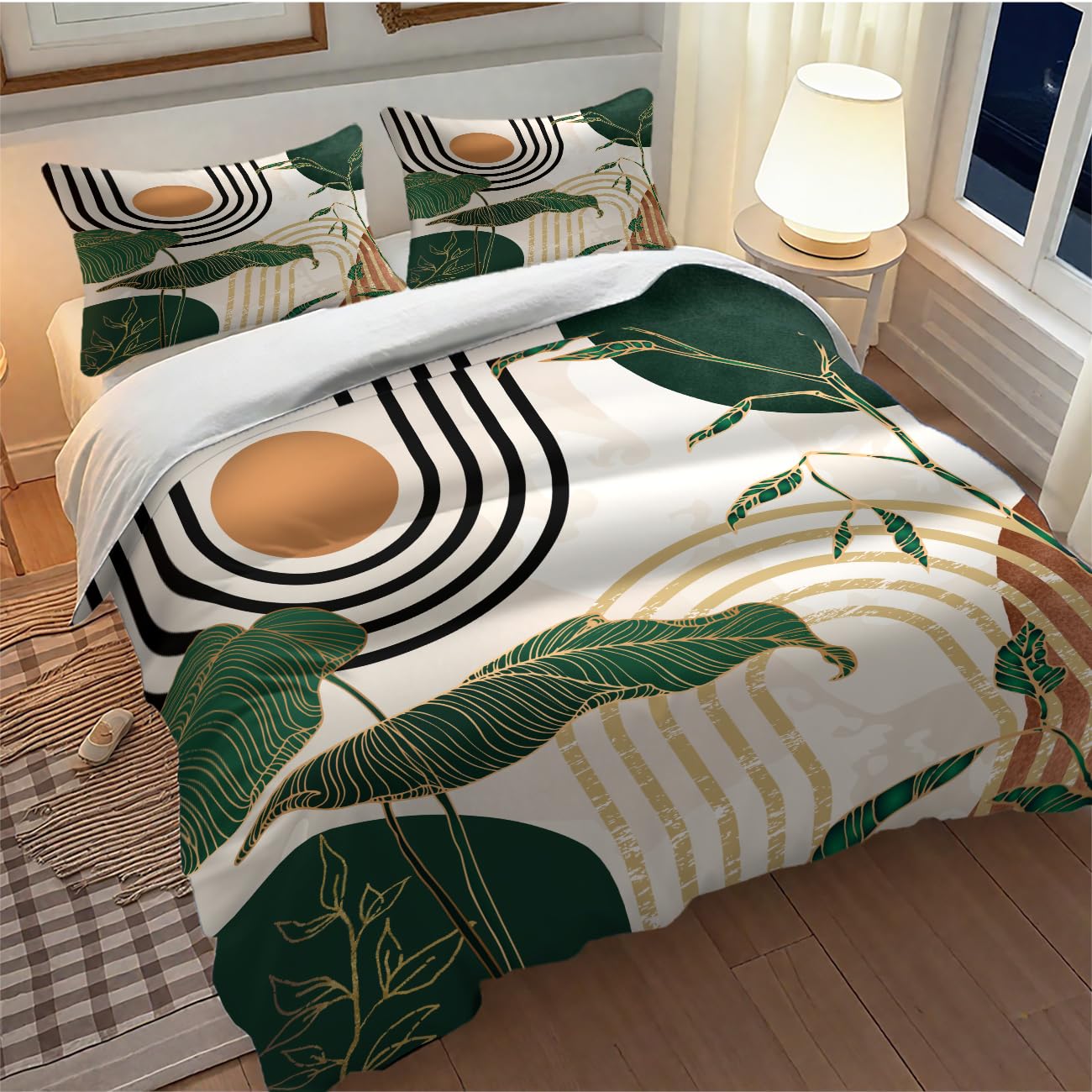 Lnepty Boho Leaf Bedding Set,Mid Century Green Tropical Plant Palm Leaves Abstract Minimalist Geometic Arch Modern Comforter Set with Pillowcase for Bedroom Bed Decor，Twin 86"x70"