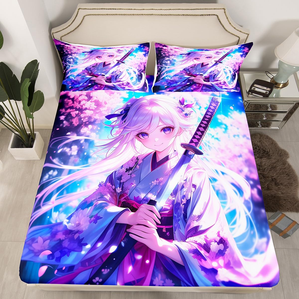 Erosebridal Anime Girl Twin Bedding Set for Kids, Kawaii Japanese Anime Fitted Sheet Cartoon Girl Bed Sheets Sci Fi Style Japanese Animation Sheets for Kids Girls Teens Adult Bedroom