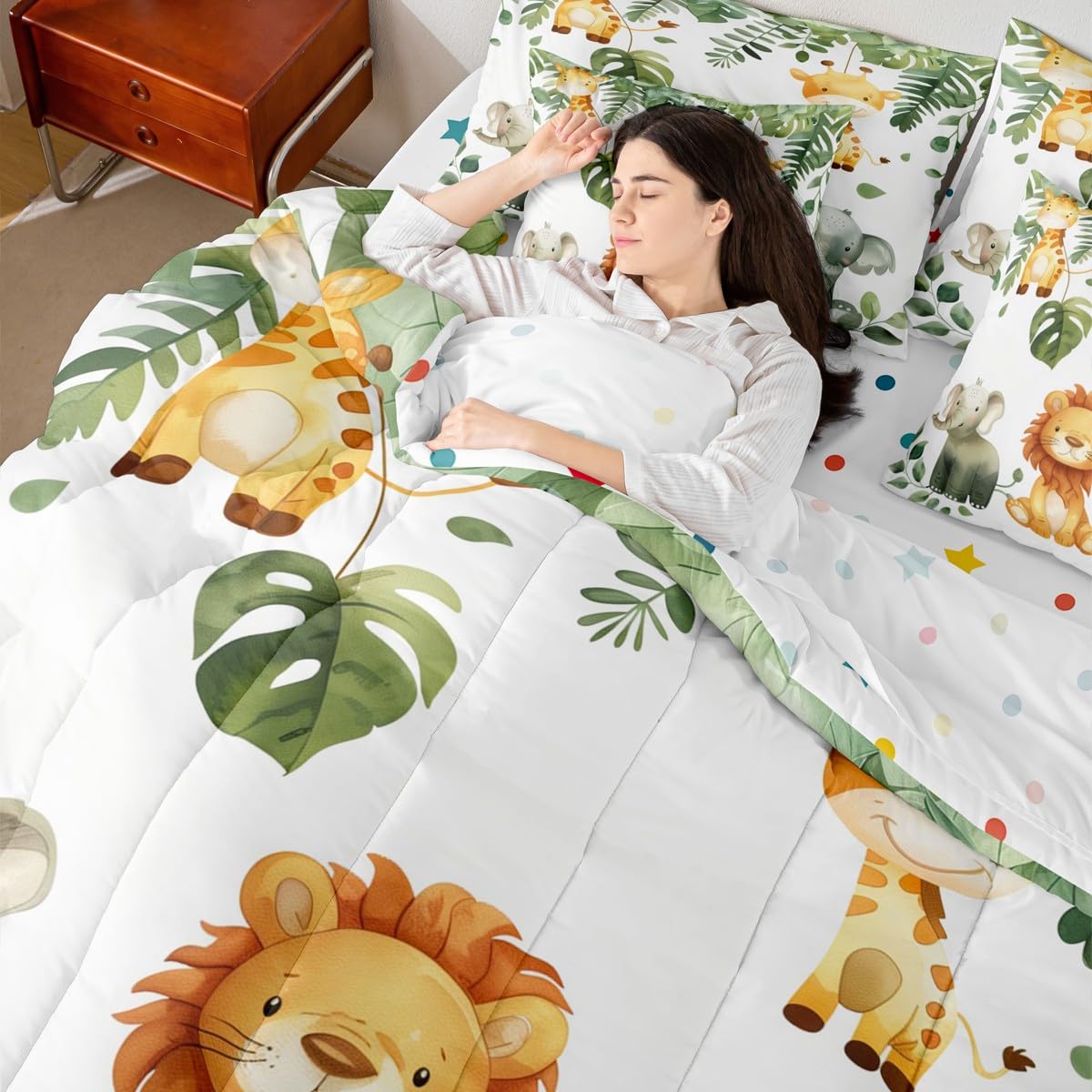 Erosebridal Cute Elephant 7 Piece Bedding Set King Leaves Comforter Set with Sheets Lion Giraffe Palm Leaf Hand Drawn Bed in a Bag Cartoon Animal Theme Elephant for Kids Boys Girls