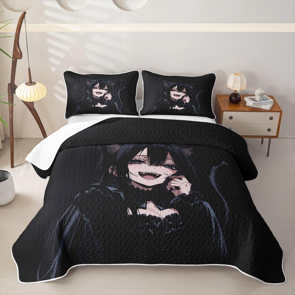 Erosebridal Anime Girl Quilts Twin Size - 3D Japanese Bedspread Coverlet Set, Gothic Style Cat Girls Quilt Coverlets 2Pcs (Only 1 Pillowcase)