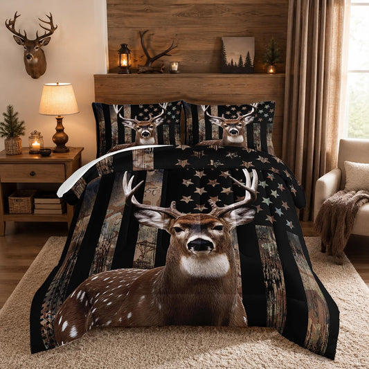 HOSIMA Deer Hunting Camo Comforter,Hunter Bedding Set American Flag Comforter Twin Size for Bedroom Decor,Deer Comforter Set for Boys Teens Girls,Twin Comforter Set with 2 Pillowcase.