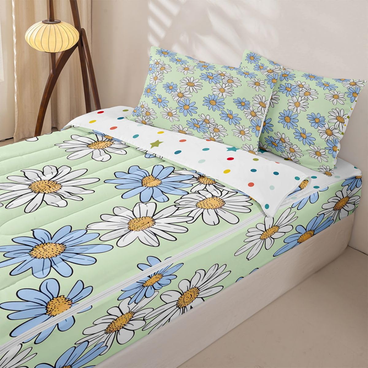 Feelyou Cute Floral Zipper Bedding Queen Cartoon Green Daisy Flower Bedding Sets for Kids Boys Girls Botanical Aesthetic Comforter Set with Fitted Sheet 2 Pillowcases One Zipper Bed Set