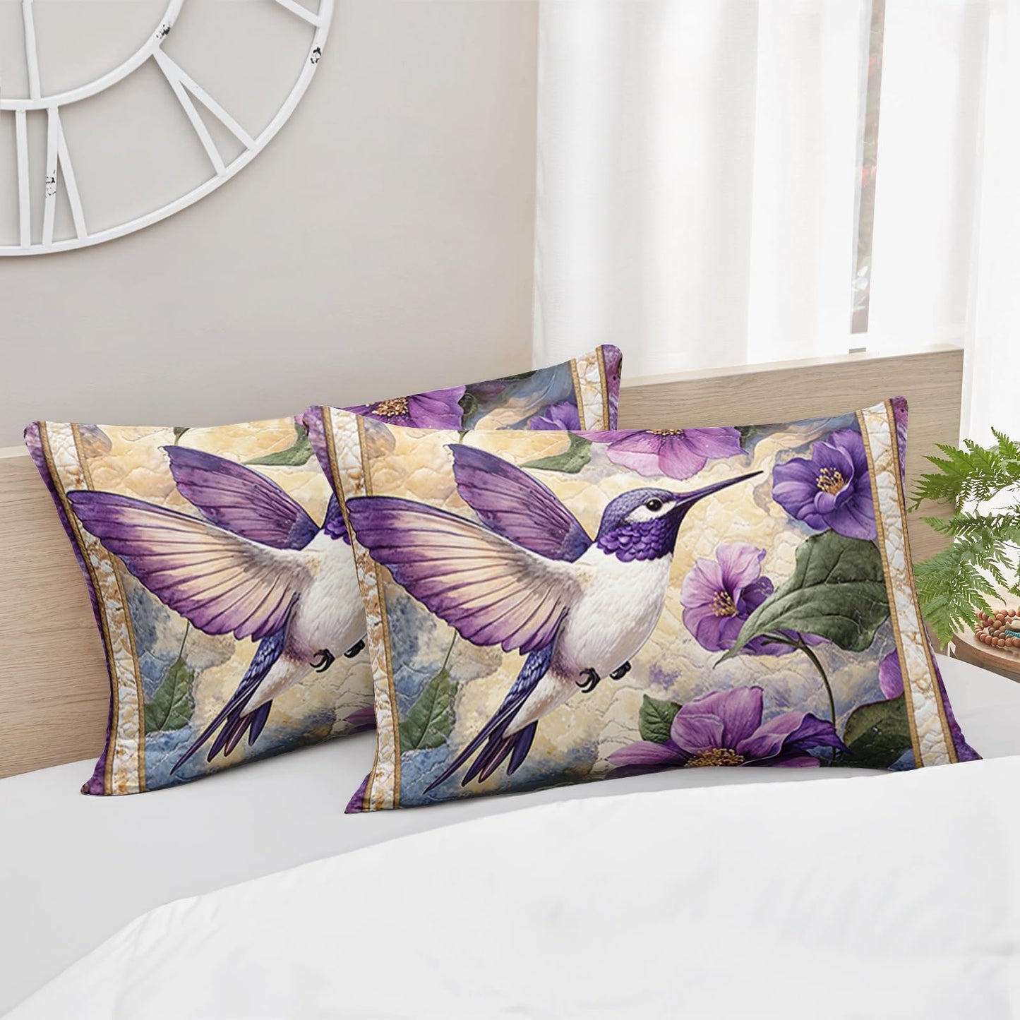 AILONEN Purple Flower Hummingbird Comforter Set Queen Size,Boho Exotic Hummingbird Bedding Set for Girls Women,Beautiful Bird Print Comforter with 2 Pillowcases,3 Pieces