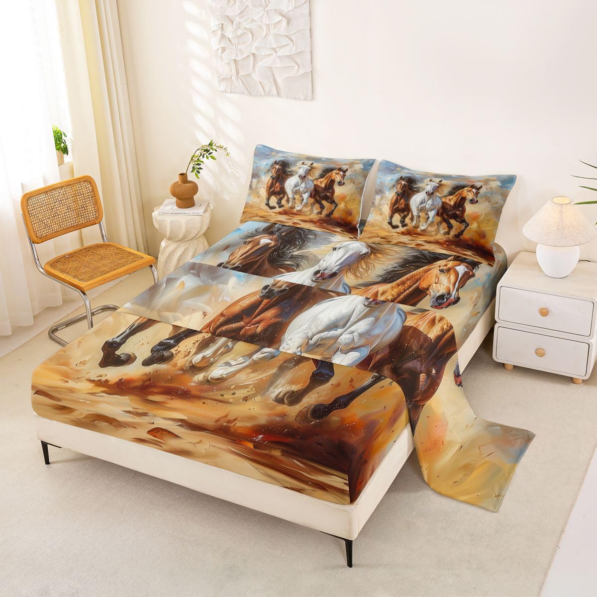 jejeloiu Galloping Horse Bed Sheets Sets Queen Size Kids Boys Girls Wild Animal Bedding Set Handsome Horse Bed Sheet Set with 16-Inch Deep Pockets Western Farm Animals 4Pcs with 2 Pillow Cases