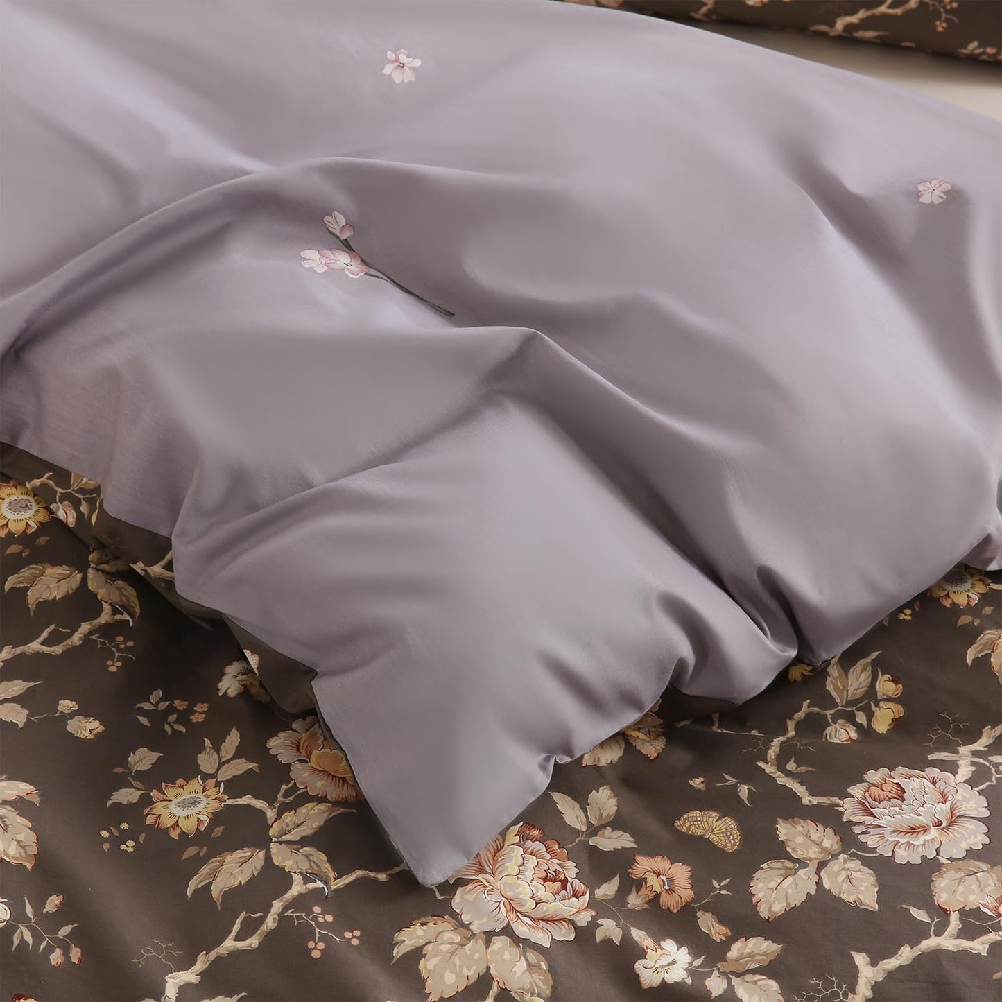 Zusbest Grey Brown Duvet Cover King 100% Cotton Shabby Vintage Floral Bedding Mocha Comforter Cover with Zipper, Soft Skin-Friendly Breathable, Peony Flower Print Bed Set, 3 Pcs