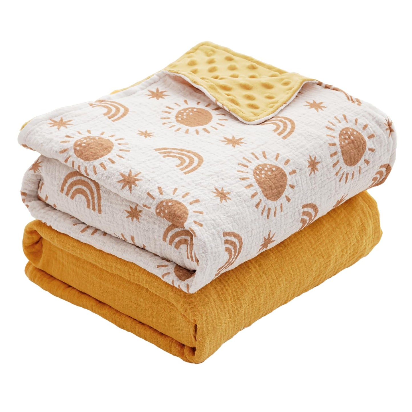 CoolaPeach 2 Pack Minky Baby Blankets,Super Soft Receiving Blankets with Muslin Cotton Front & Dotted Fleece Backing,39x29.5 Inches,Printed Bed Throws Newborn(Sun)