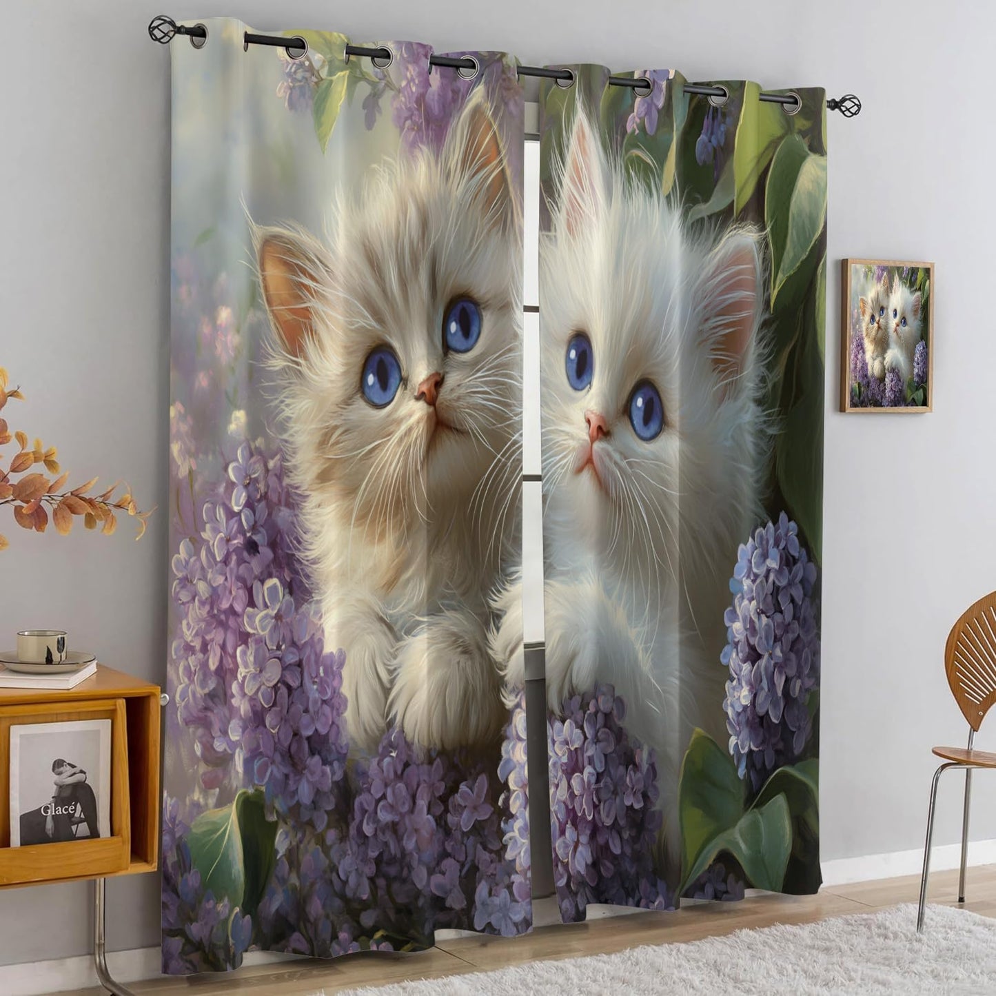 MPUTIE Cute Cat Blackout Curtains 72 inch Length, Kitten Window Treatments for Bedroom, Grommet Thermal Curtains for Kitchen, Floral Animal Drapes, Cat Room Decor, 2 Panels