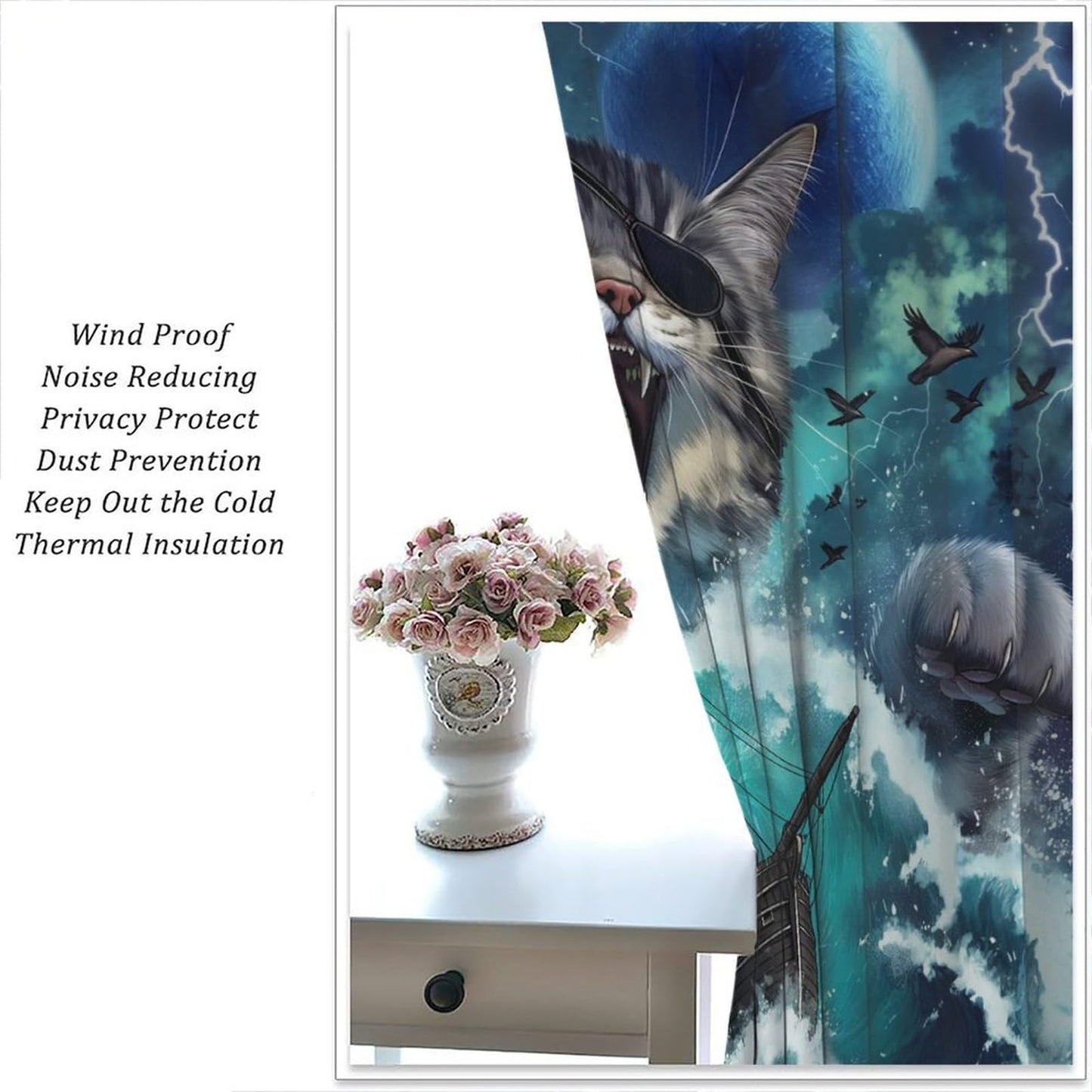 Pirate Cat Curtains for Kids Funny Pirate Ship Sea Ocean Waves Nautical Sailboat Moon Cool Animal Beach Seagull Cute Pattern Window Treatments For Boys Teen Bedroom Living Room 42x44.5In（No Blackout）