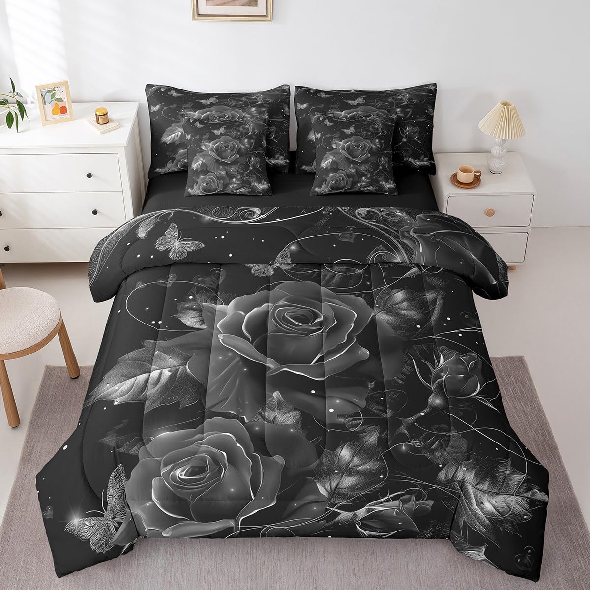 Erosebridal Rose Bedding Set Rose Flowers Queen Comforter Set 7 Piece Romantic Valentine's Day Bed in A Bag 3D Black Rose Butterfly Vine Sheet Set with Comforter for Teen Adults Bedroom Decor