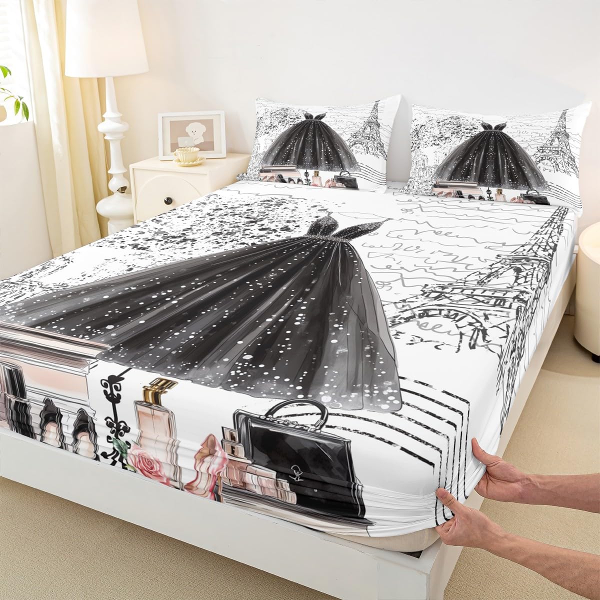 Erosebridal Fashion Girly Dress Sheet Set King Size Black White Eiffel Tower Paris Bed Sheets Perfume Modern Girls Women Sheets Romantic High Heels Makeup Bedding Set