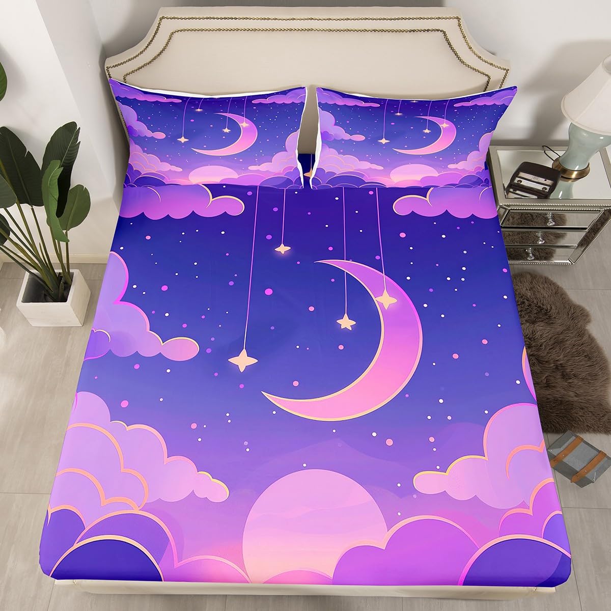 Moon Night Kids Fitted Sheet Full Size,Cartoon Moon Stars Clouds Bedding Set,Boys Girls Room Decor,Starry Sky Romantic Bed Cover,Purple Yellow Bed Sheet,2 Pillowcases