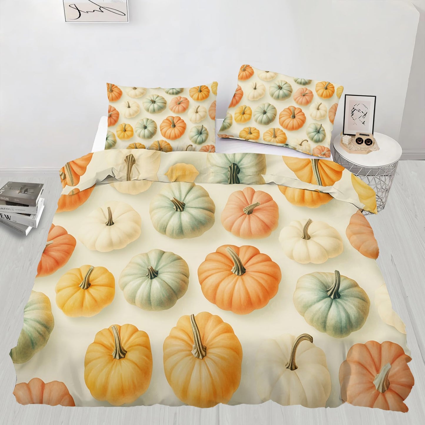 PAISUOQ Pumpkin Bedding, Autumn Duvet Cover Full, Thanksgiving Comforter Cover with Zipper Ties, 3 Pieces with 2 Pillowcases, Home Decor & Gifts