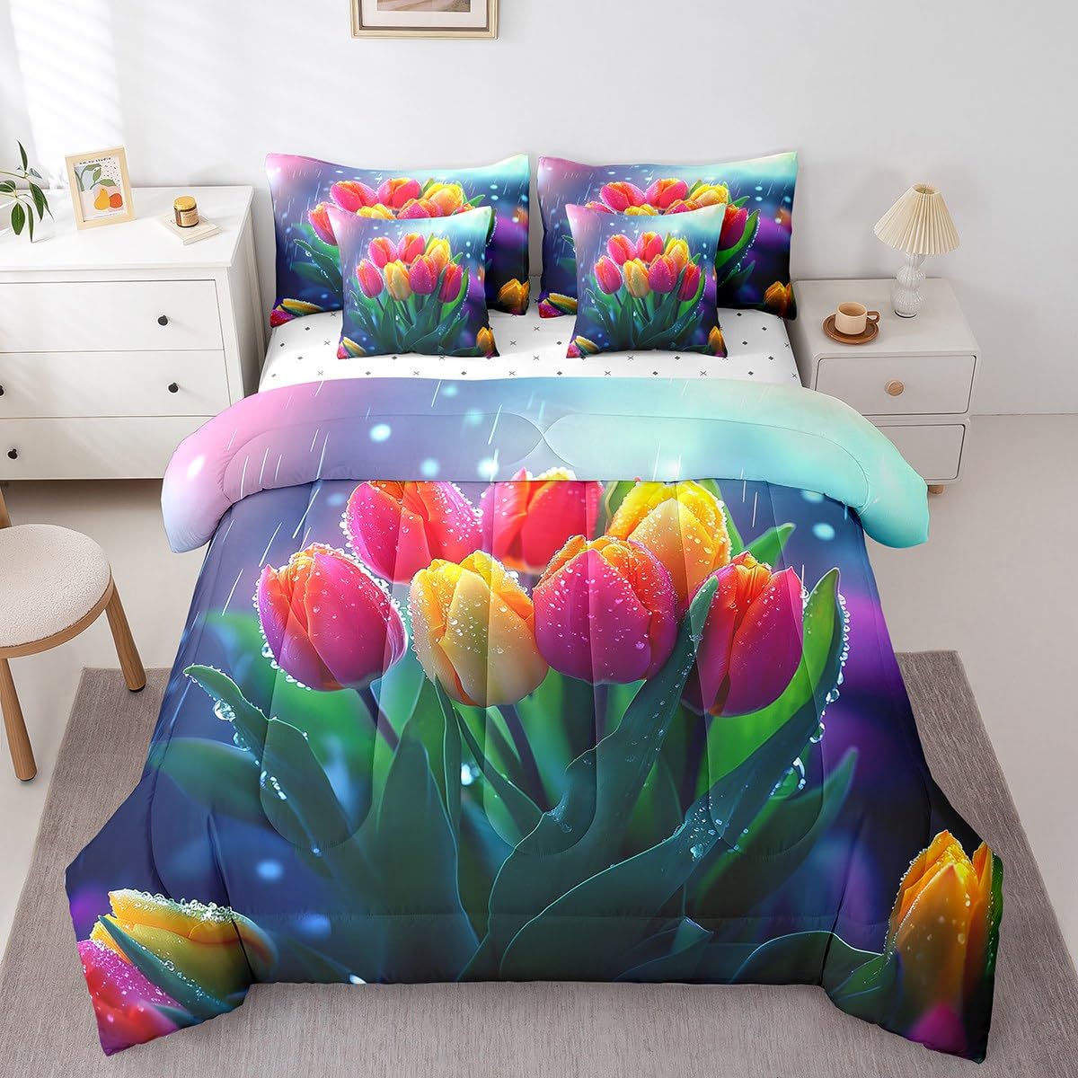 Erosebridal Tulips Bedding Set Spring Summer Flowers King Comforter Set 7 Piece for Kids Girls Teen Women,Rainy Floral Pink Yellow Tulips Bed in A Bag Pastel Plants Sheet Set with Comforter
