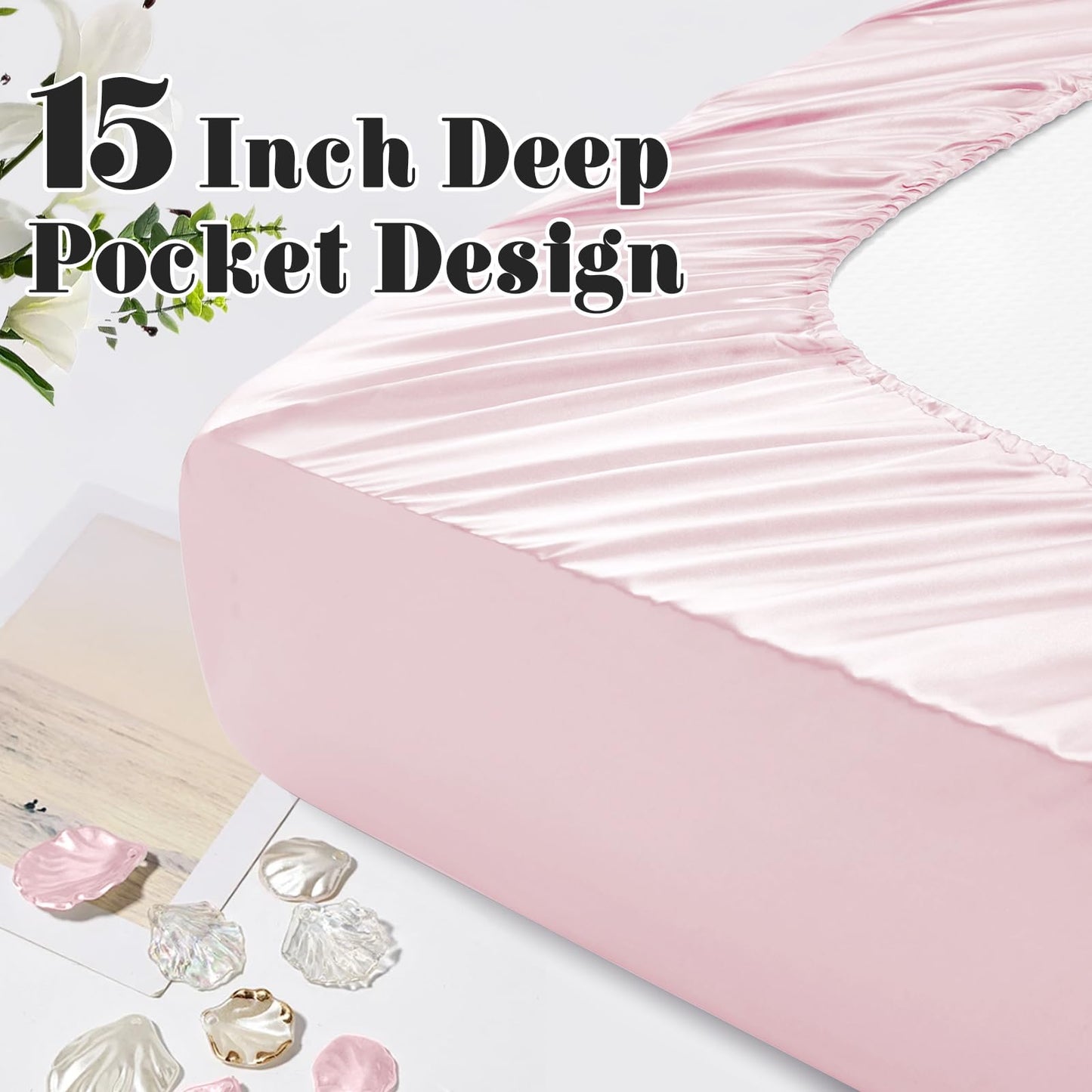 Homiest Ruffled Satin Sheets Full Size 6pc Set - Blush Pink Bed Sheet Set with 15 Inch Deep Pocket Fitted Sheet, 1 Flat Sheet, 2 Ruffled Pillow Shams & 2 Pillowcases, Similar to Silk Sheets