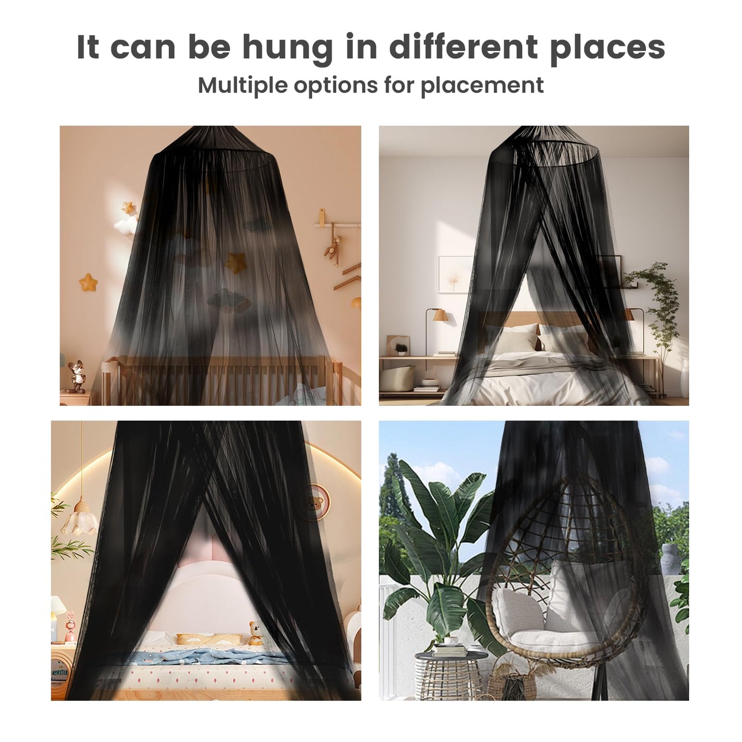 Mengersi Bed Canopy Mosquito Net for Bed, Canopy Bed Curtains, Dome Mosquito Netting Bed Tent, Indoor Outdoor, Black, Full Size