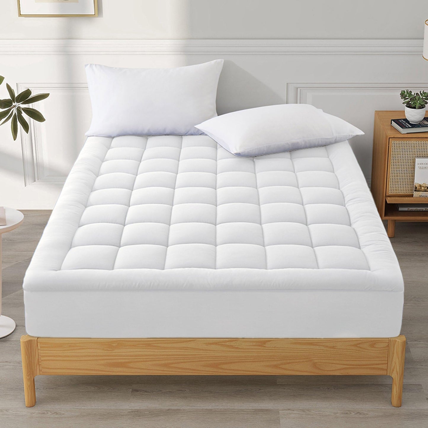 WQSPRING Quilted Mattress Pad Pillow Top Mattress Cover Protector Cooling Soft for Breathable Padded Deep Pocket 8-21 Fitted Supportive(White,Twin Size)