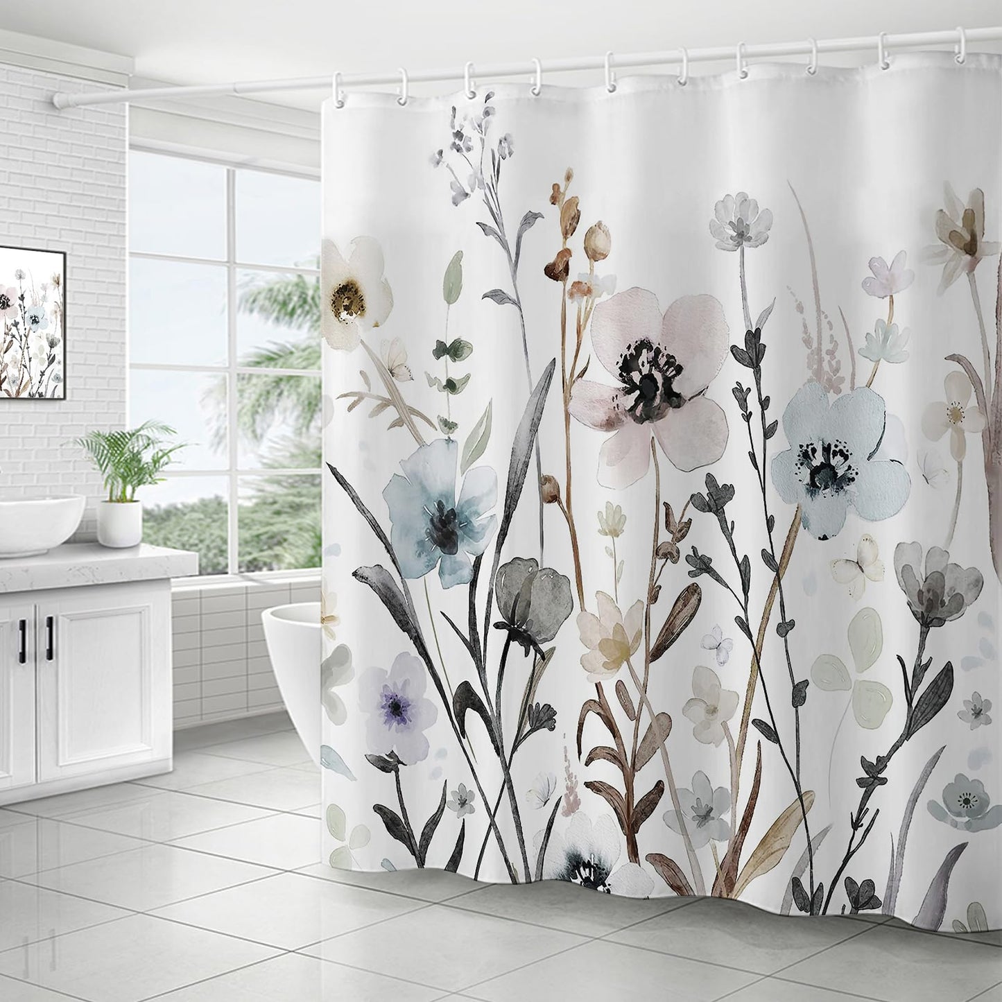 ZCHOMI Grey Pink Blue Floral Shower Curtain Watercolor Flower Shower Curtains for Bathroom Waterproof Polyester Fabric Bathroom Curtain 72 x 72 Inch with 12 Plastic Hook