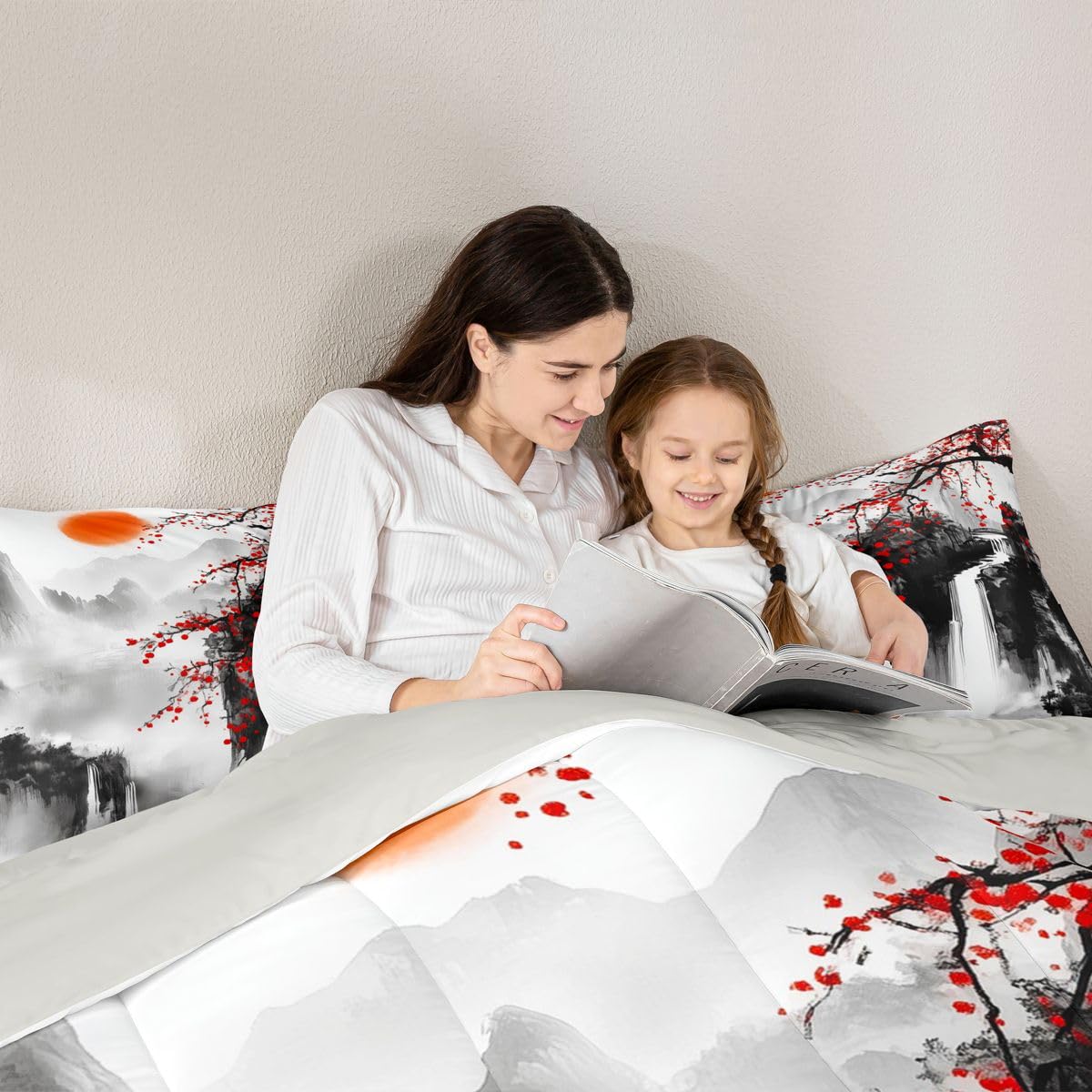 jejeloiu Chinese Ink Painting Kids Comforter Set Queen Size Cherry Blossom Bedding Set Red Sun Mountain Duvet Quilt for Kids Boys Girls Bedroom Japanese Style Decor Microfiber Ultra Soft Breathable