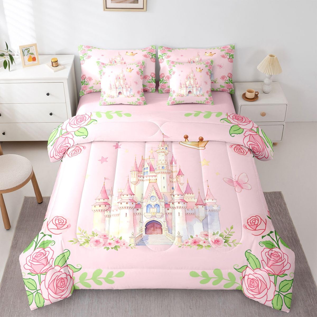 Feelyou Girls Pink Castle Comforter Set Queen SizeBlossom Flowers 7 Pcs Bedding for Kids Kawaii Cute Princess Style Boys Girls Bed in a Bag Bed Sheet Sets with Fitted Sheet Pillowcases for Bedroom Bed