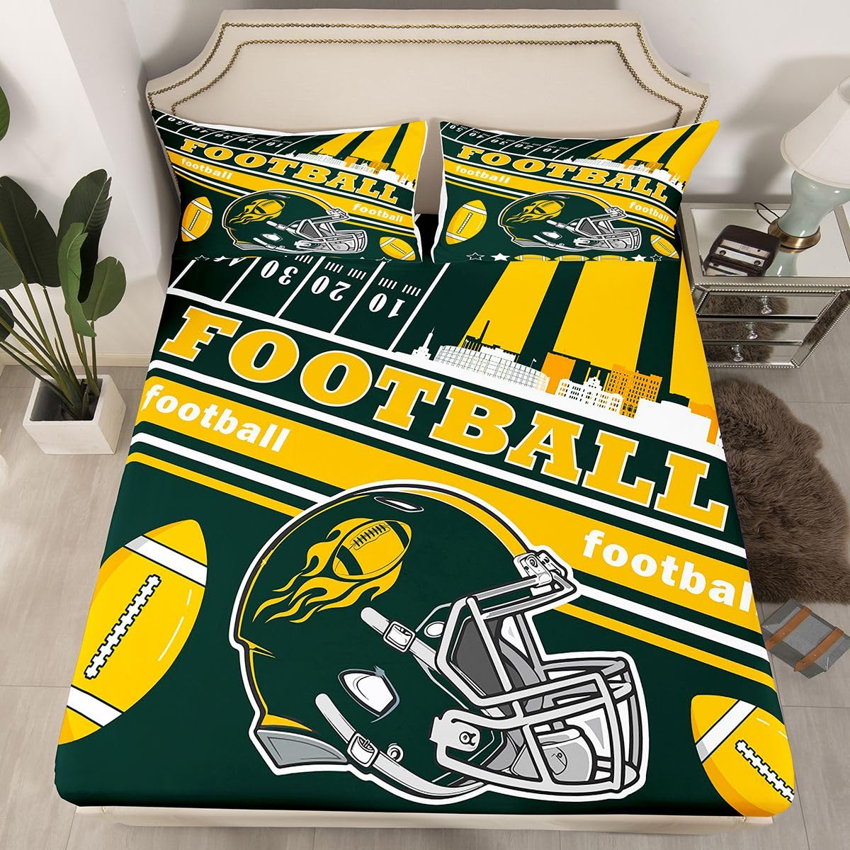 Feelyou Football Bed Sheets Set Boys Teens Twin Size Women Men Rugby Sports Bedding Set Football City Fitted Sheet with 16 Inch Deep Pockets