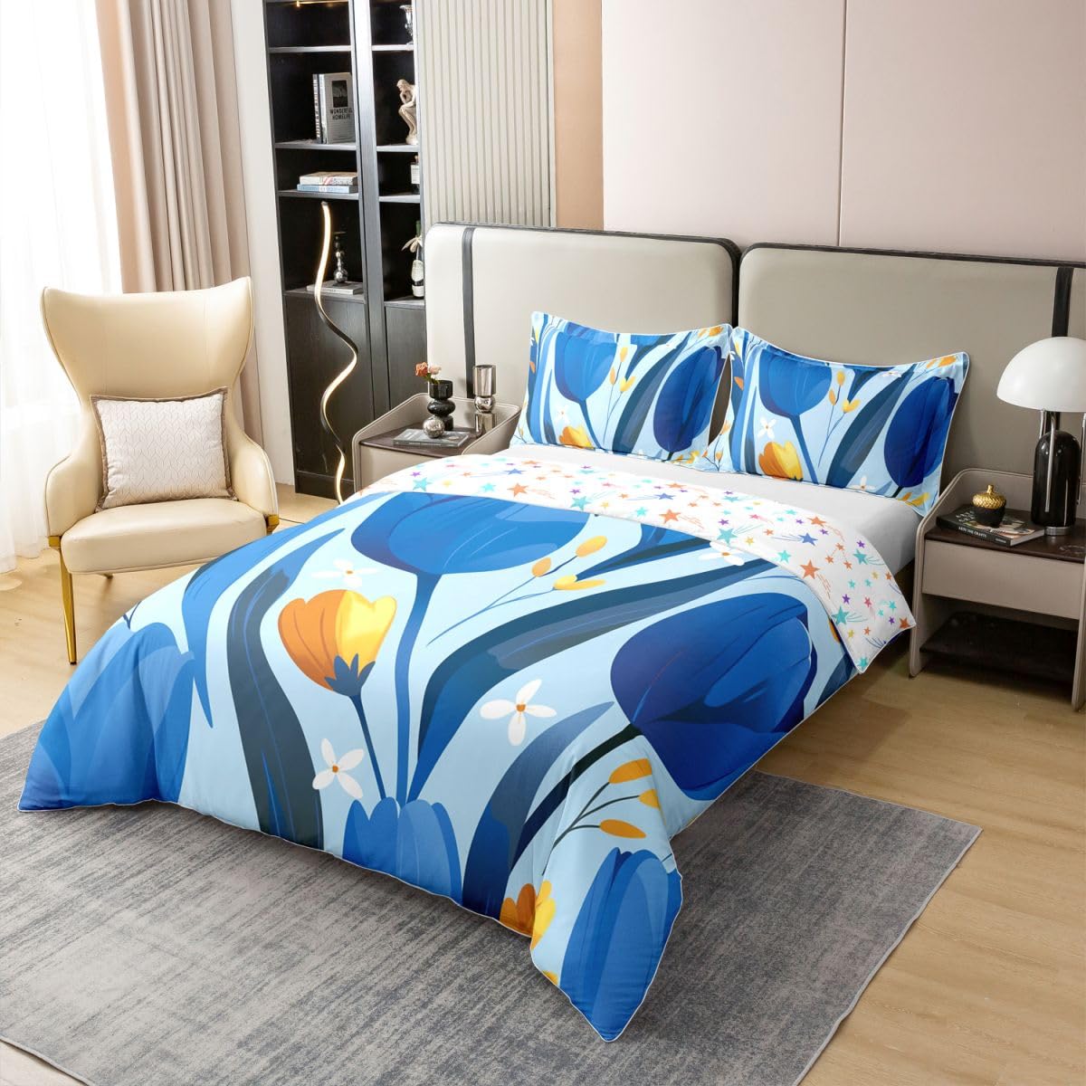 Erosebridal Spring Flowers 100% Cotton Duvet Cover Full Blue Florals Bedding Set for Kids Girls Boys Adults Blue Botanical Garden Comforter Cover Flowers Branches Pastoral Bedclothes 3 Pcs