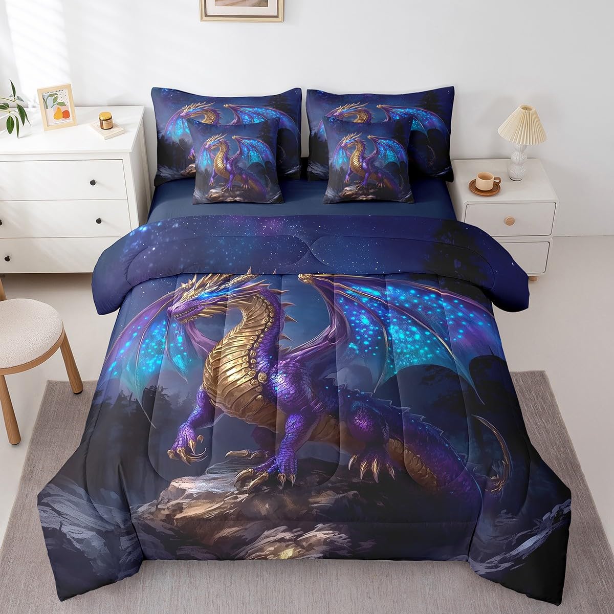 Erosebridal Western Dragon Bedding Set for Boys,Galaxy Starry Sky Twin Comforter Set 7 Piece for Kids Teen Men Magical Dragon Bed in A Bag with Sheets Fantasy Animal Sheet Set with Comforter