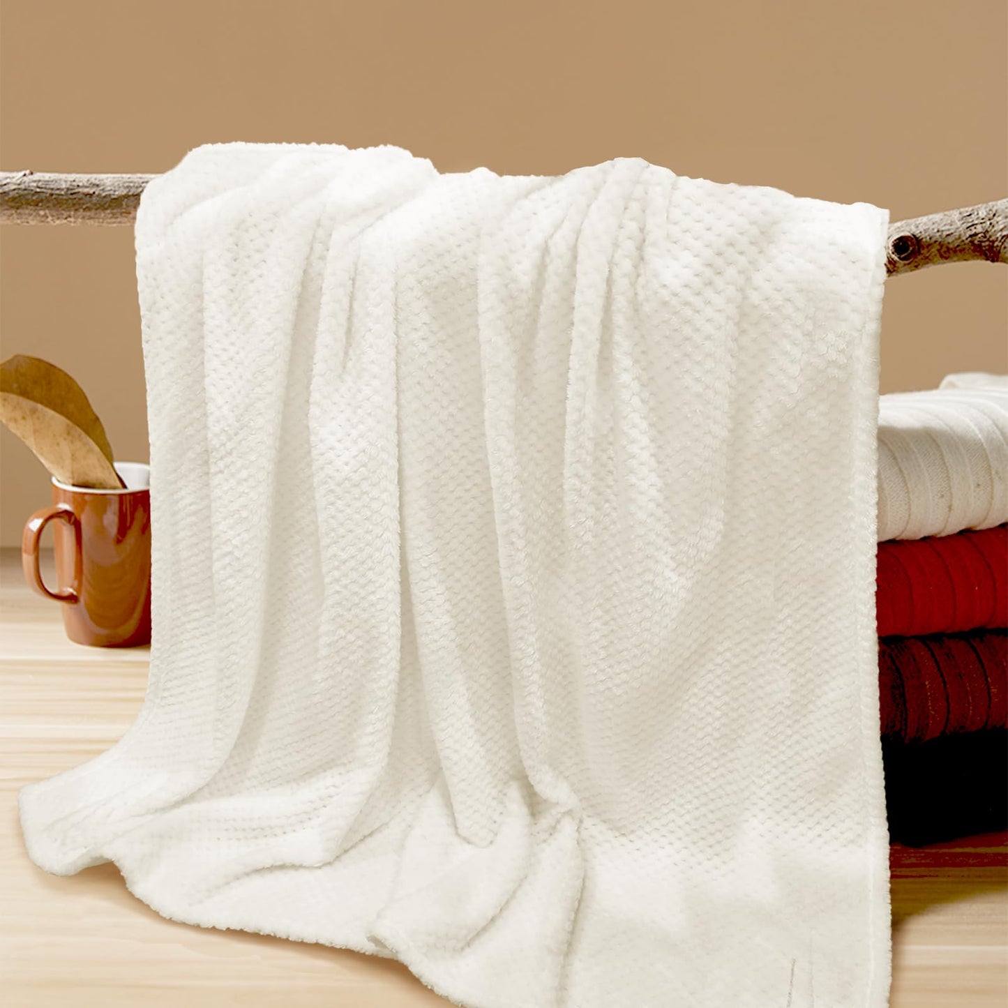 Tewloss 8 Pack Fleece Throw Blankets 50x60 Inches - 240 GSM Ultra Soft Plush Flannel for Bed Couch Sofa, Lightweight Warm 3D Waffle Texture, No Shedding No Pilling All Season Throw(Creamy White)