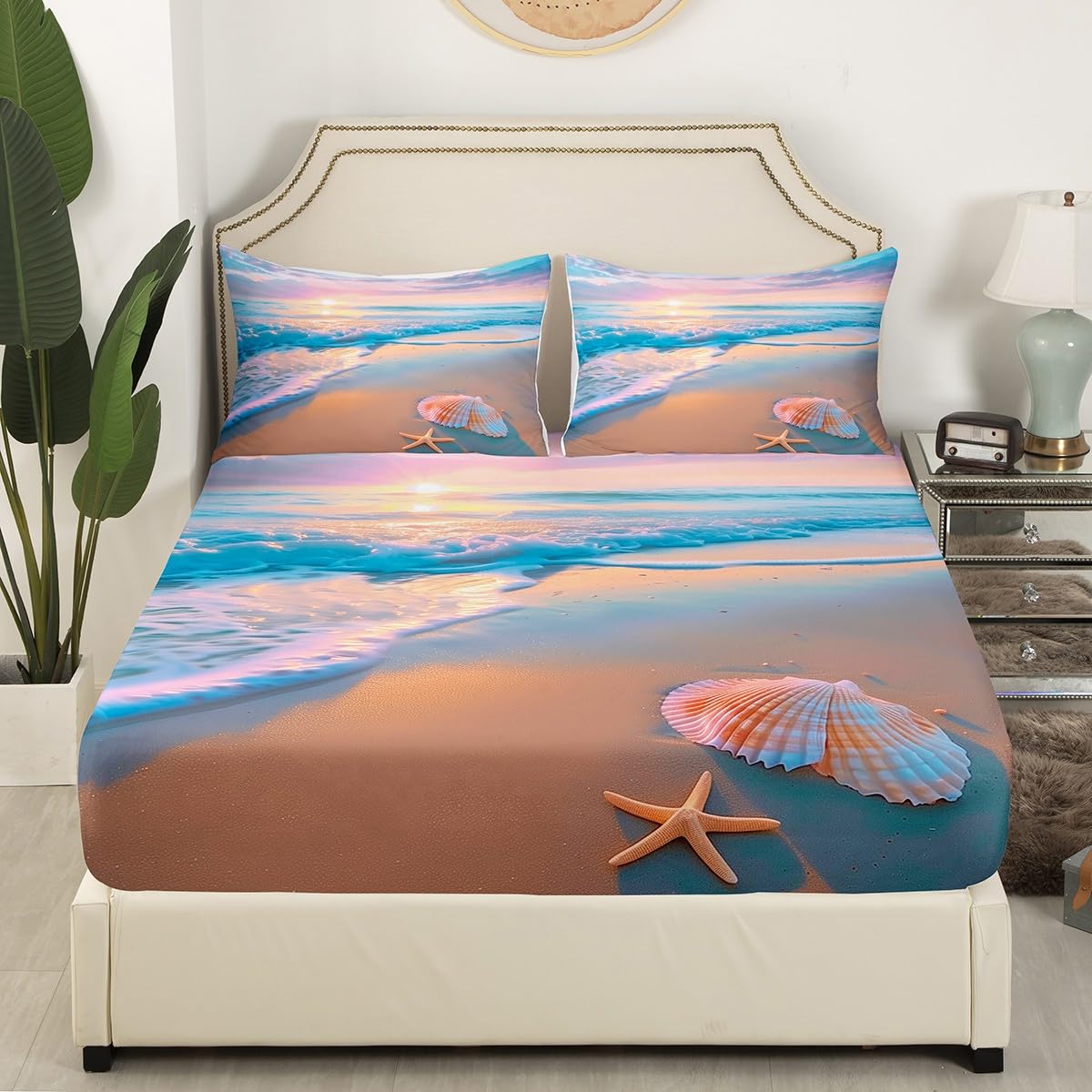 jejeloiu Beach Theme Fitted Sheet Full Size Kids Summer Sea Ocean Sunset Bed Sheets Set for Boys Girls Teens Wave Coastal Starfish Seashell Natural Scenery Bedding Set Room Decor