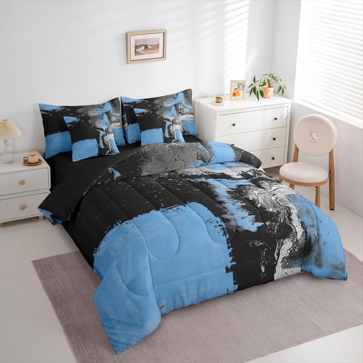 Feelyou Abstract Comforter Set King Size 7 Pieces Modern Abstract Art Bedding Set Luxury Bed in a Bag with Comforter, Sheets, Pillowcases, Cushion Covers Geometric Bedroom Decor Vivid Blue Black